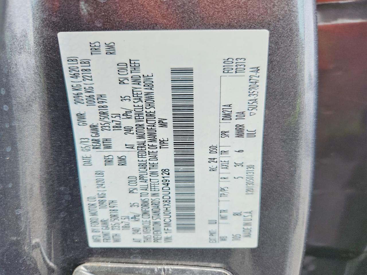 2013 Ford Escape Sel Gray vin: 1FMCU0HX8DUD49128