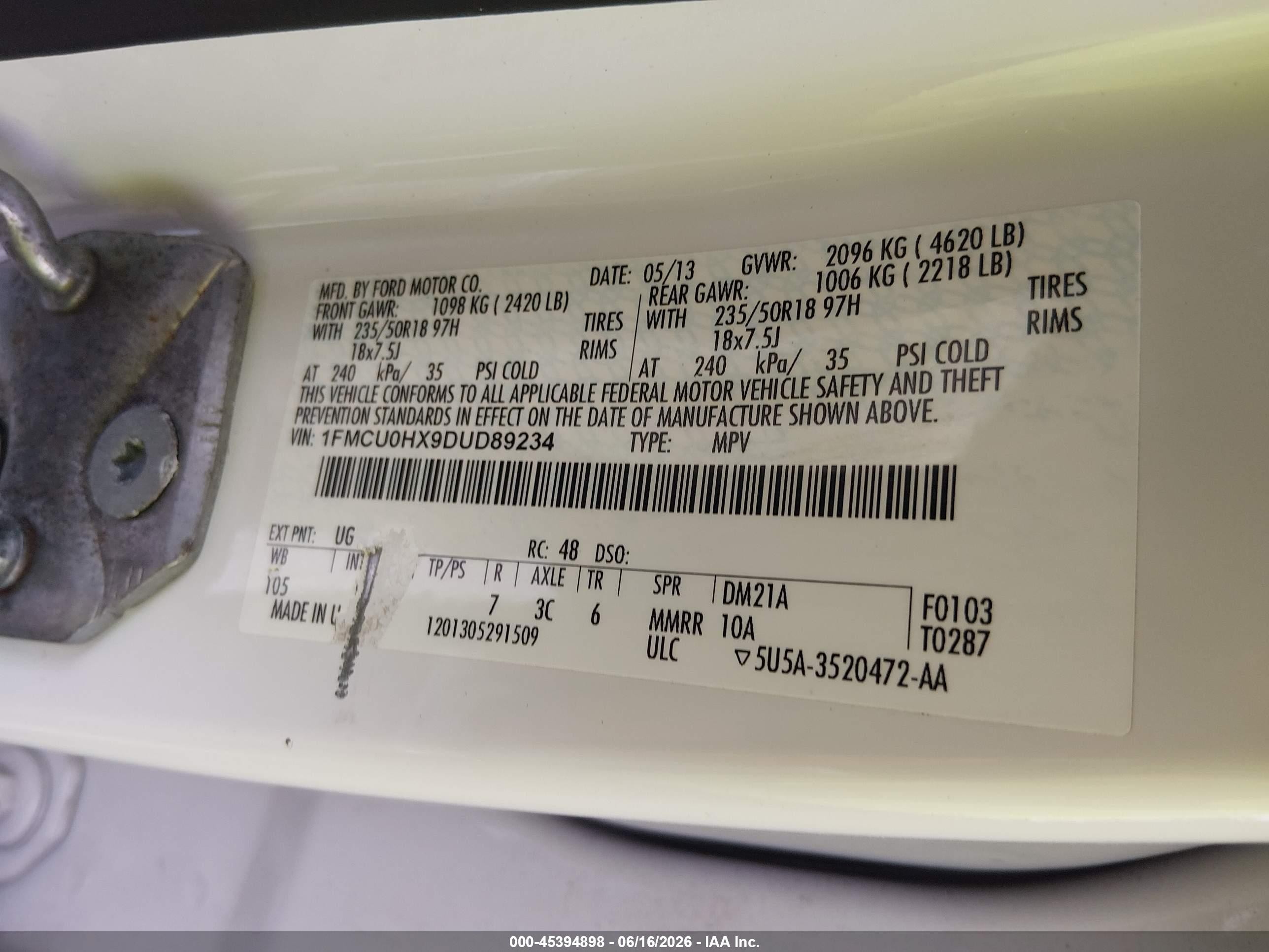 2013 Ford Escape Sel White vin: 1FMCU0HX9DUD89234