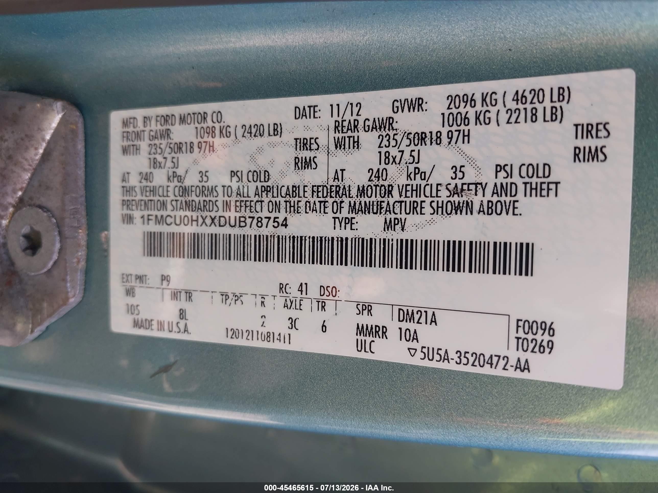 2013 Ford Escape Sel Green vin: 1FMCU0HXXDUB78754