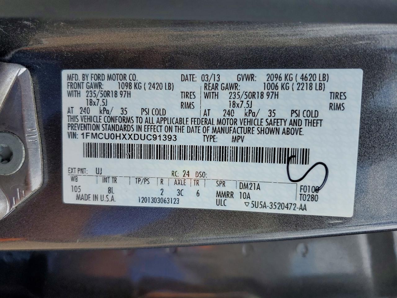 2013 Ford Escape Sel Charcoal vin: 1FMCU0HXXDUC91393