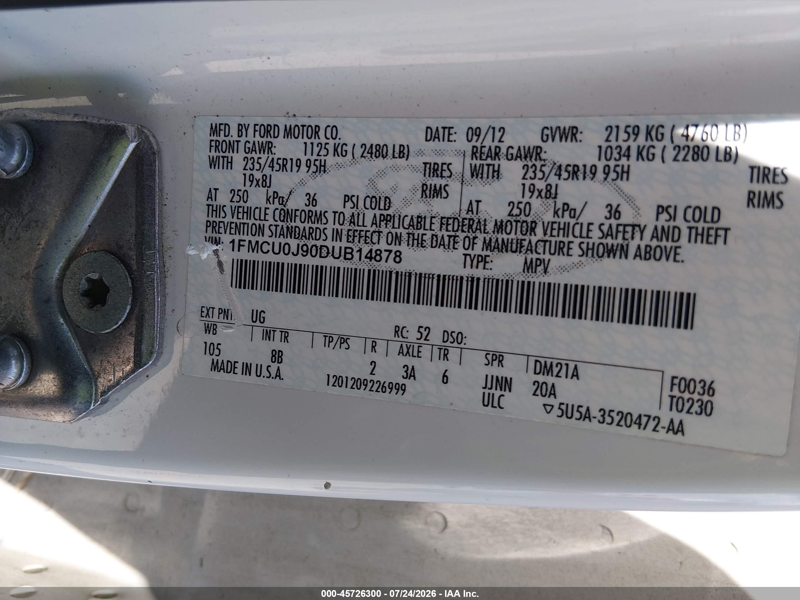 2013 Ford Escape Titanium White vin: 1FMCU0J90DUB14878