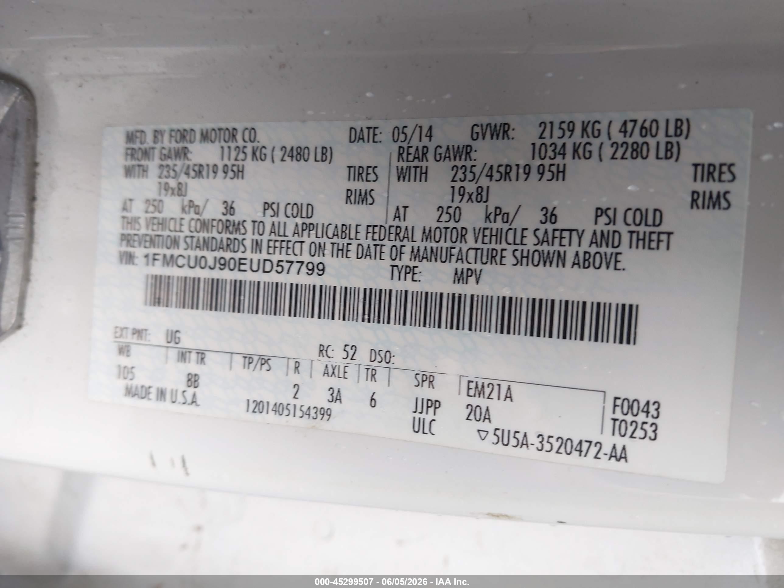 2014 Ford Escape Titanium White vin: 1FMCU0J90EUD57799