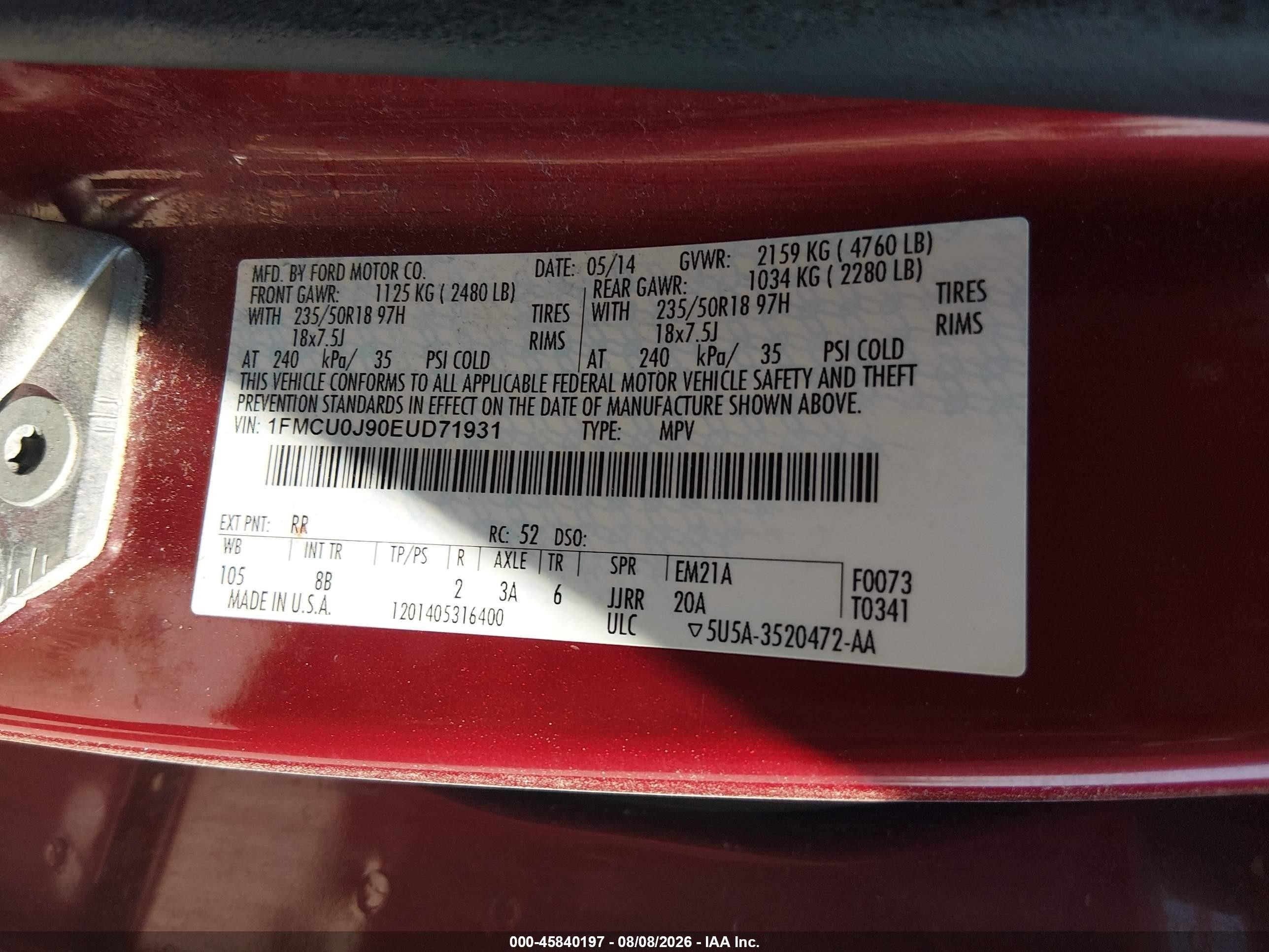 2014 Ford Escape Titanium Red vin: 1FMCU0J90EUD71931