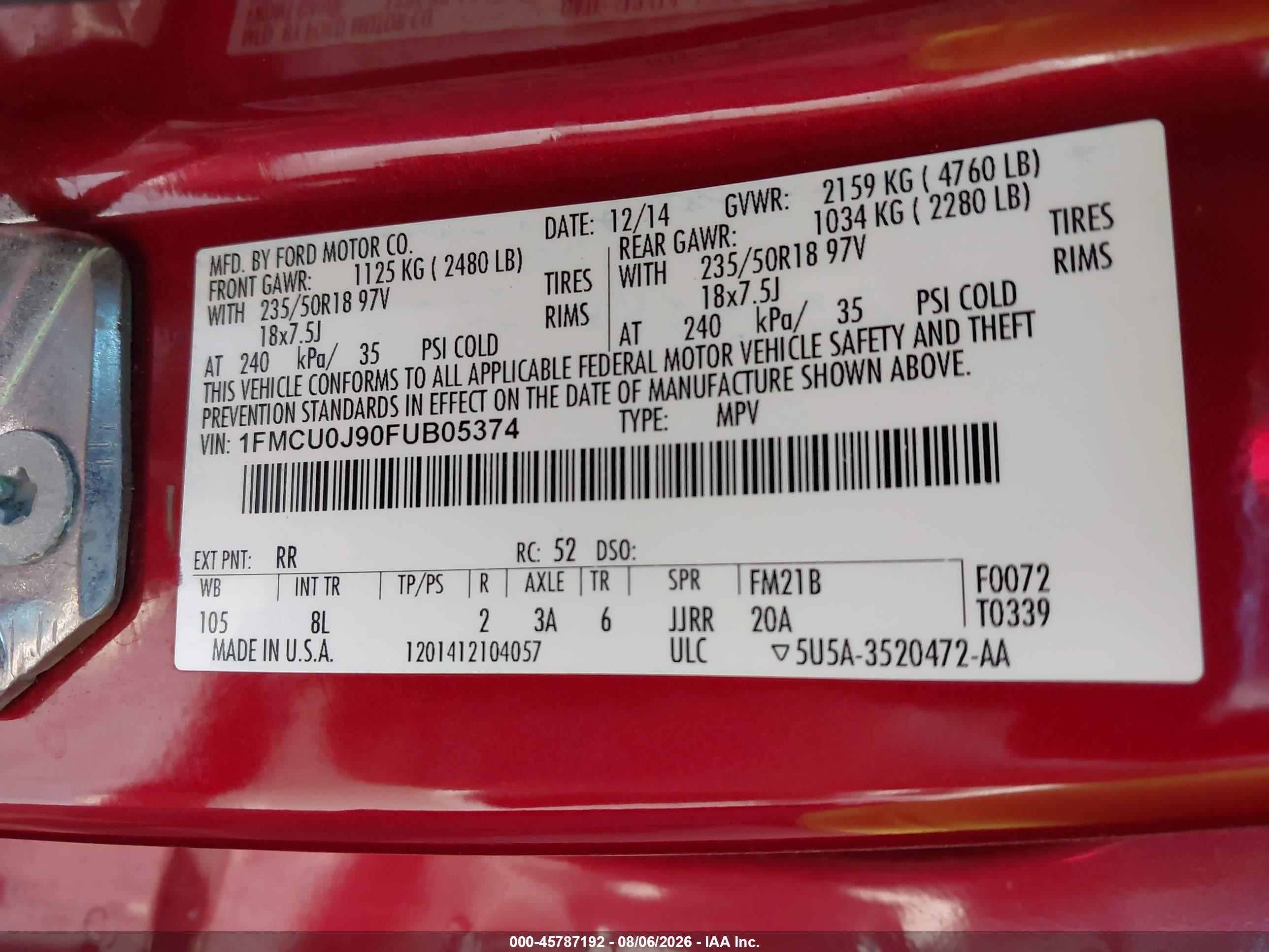 2015 Ford Escape Titanium Red vin: 1FMCU0J90FUB05374