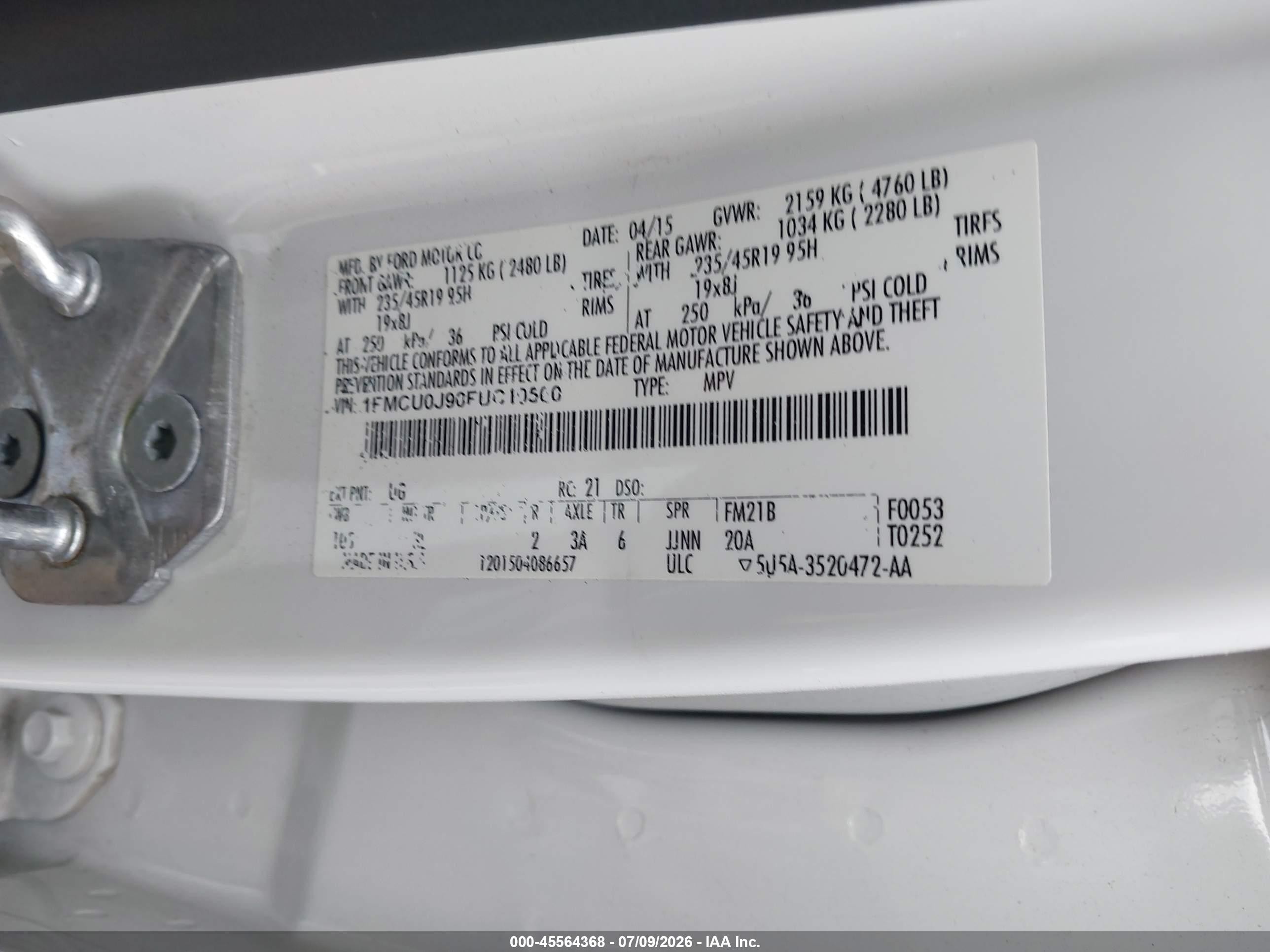 2015 Ford Escape Titanium White vin: 1FMCU0J90FUC10500