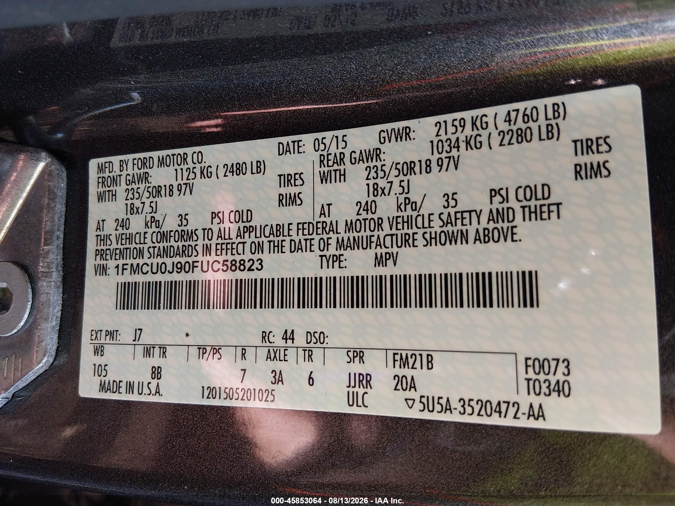 2015 Ford Escape Titanium Gray vin: 1FMCU0J90FUC58823