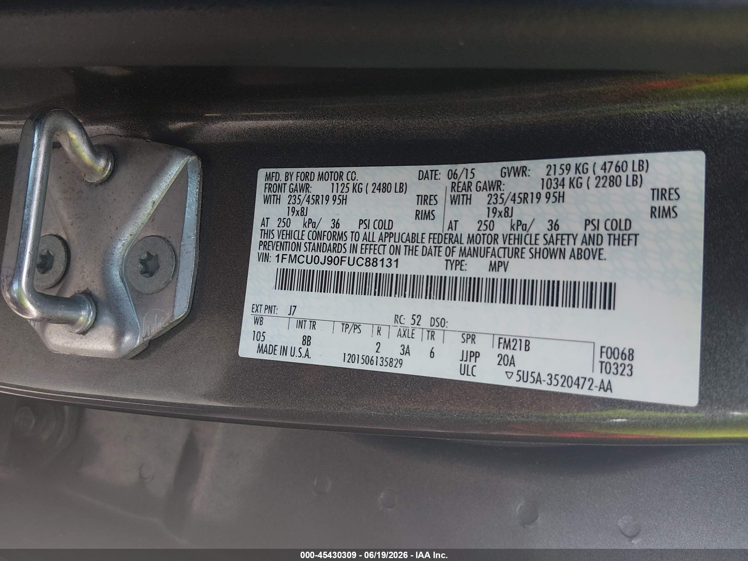 2015 Ford Escape Titanium Gray vin: 1FMCU0J90FUC88131