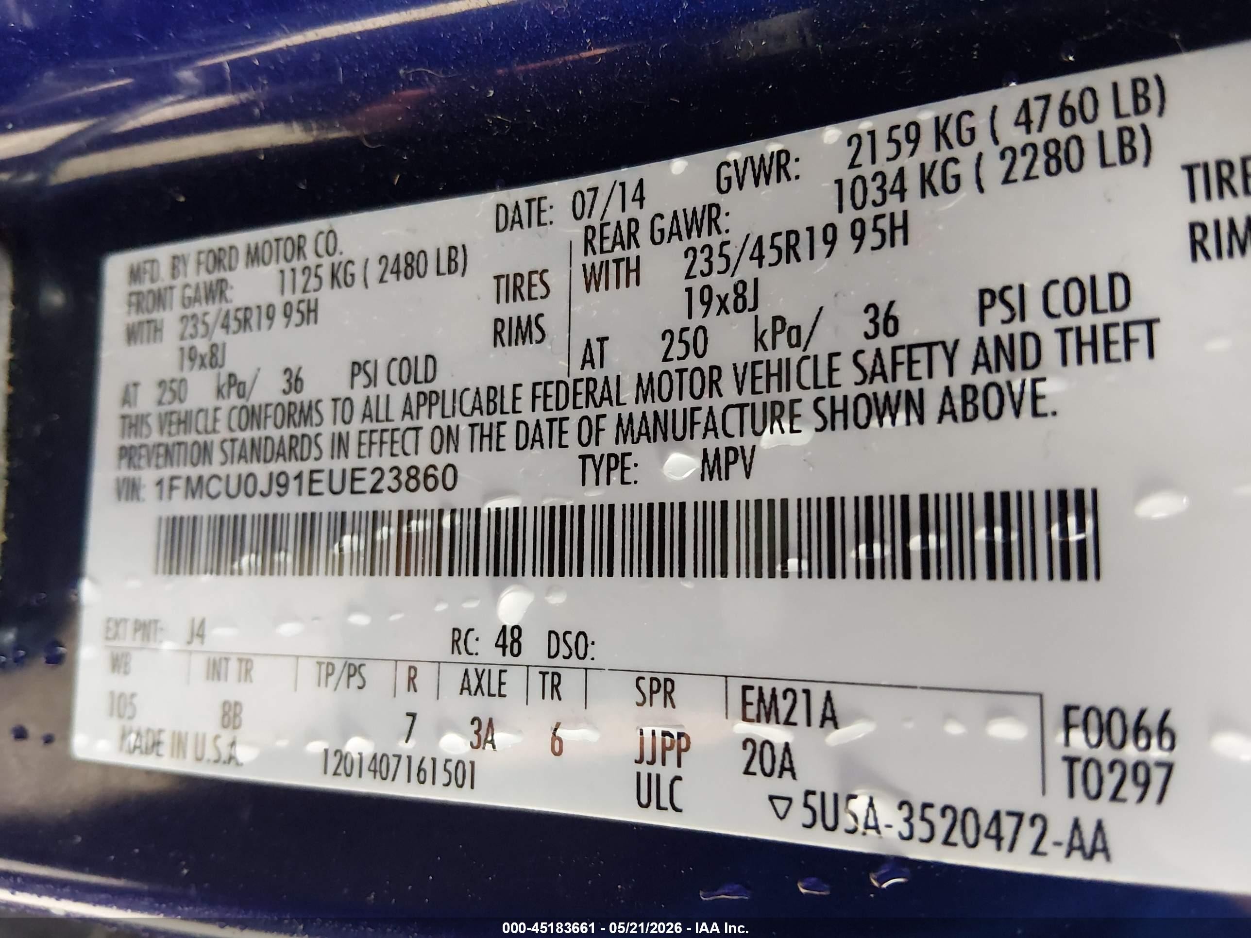 2014 Ford Escape Titanium Blue vin: 1FMCU0J91EUE23860