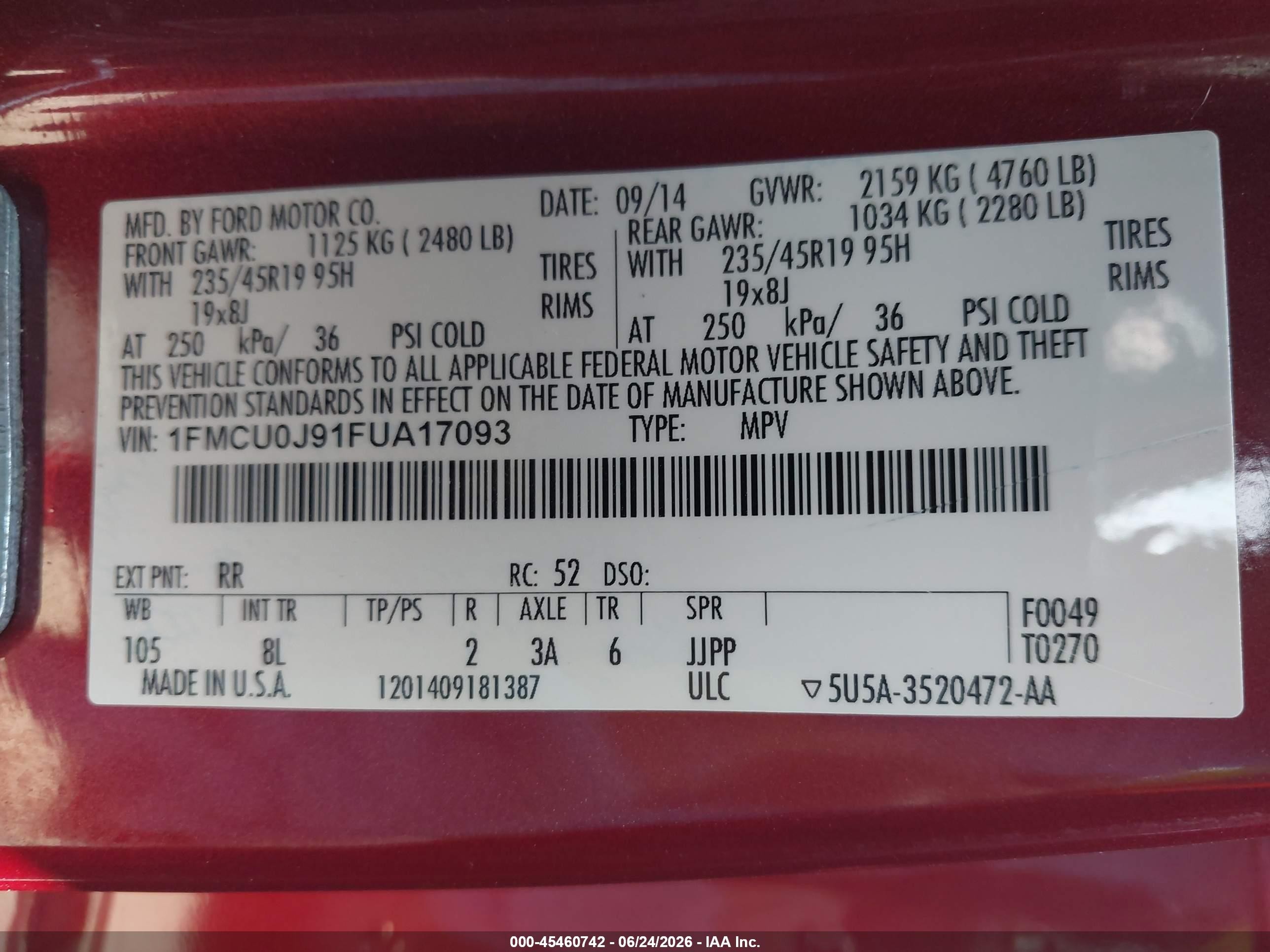 2015 Ford Escape Titanium Red vin: 1FMCU0J91FUA17093