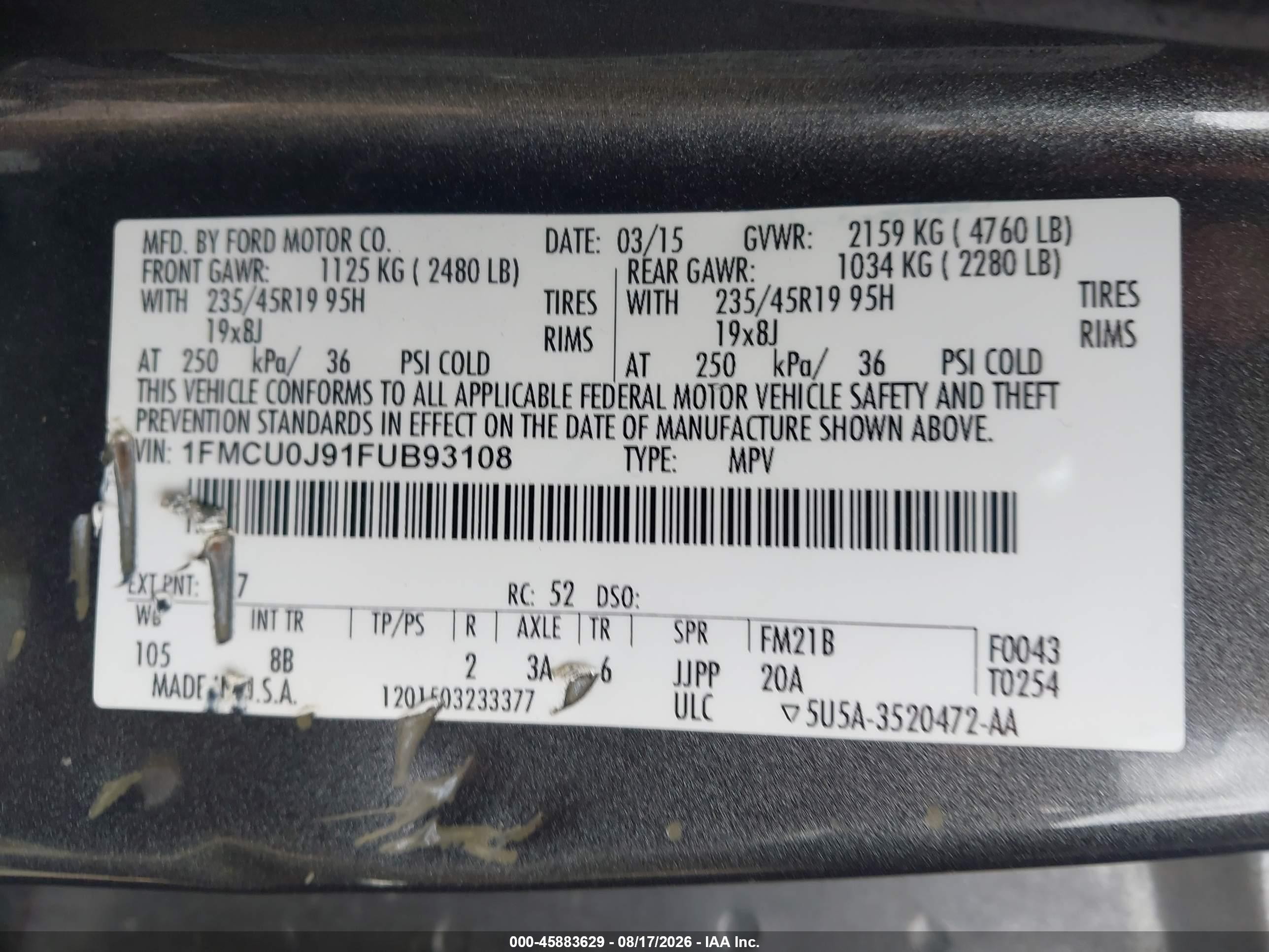2015 Ford Escape Titanium Gray vin: 1FMCU0J91FUB93108