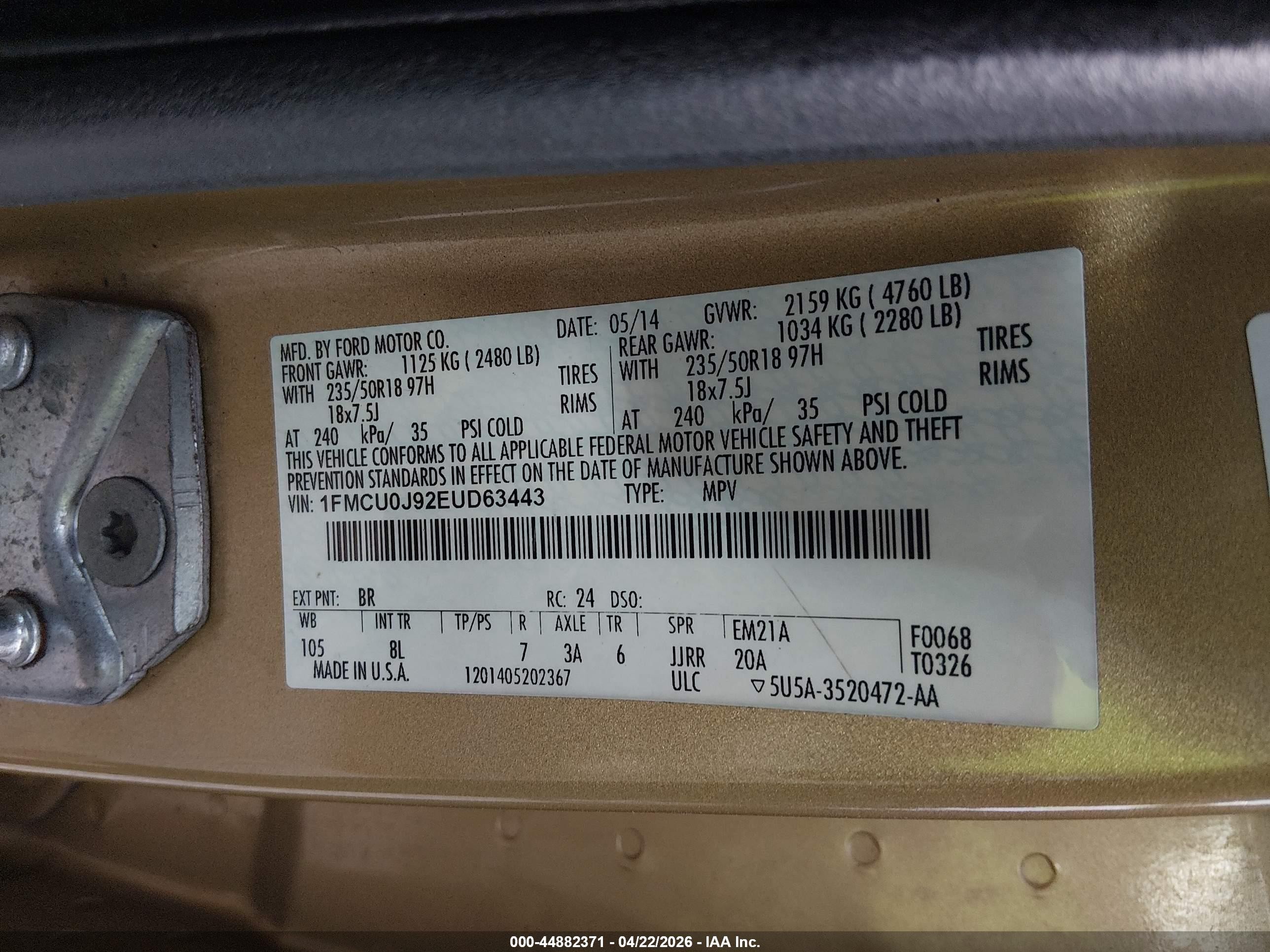 2014 Ford Escape Titanium Gold vin: 1FMCU0J92EUD63443