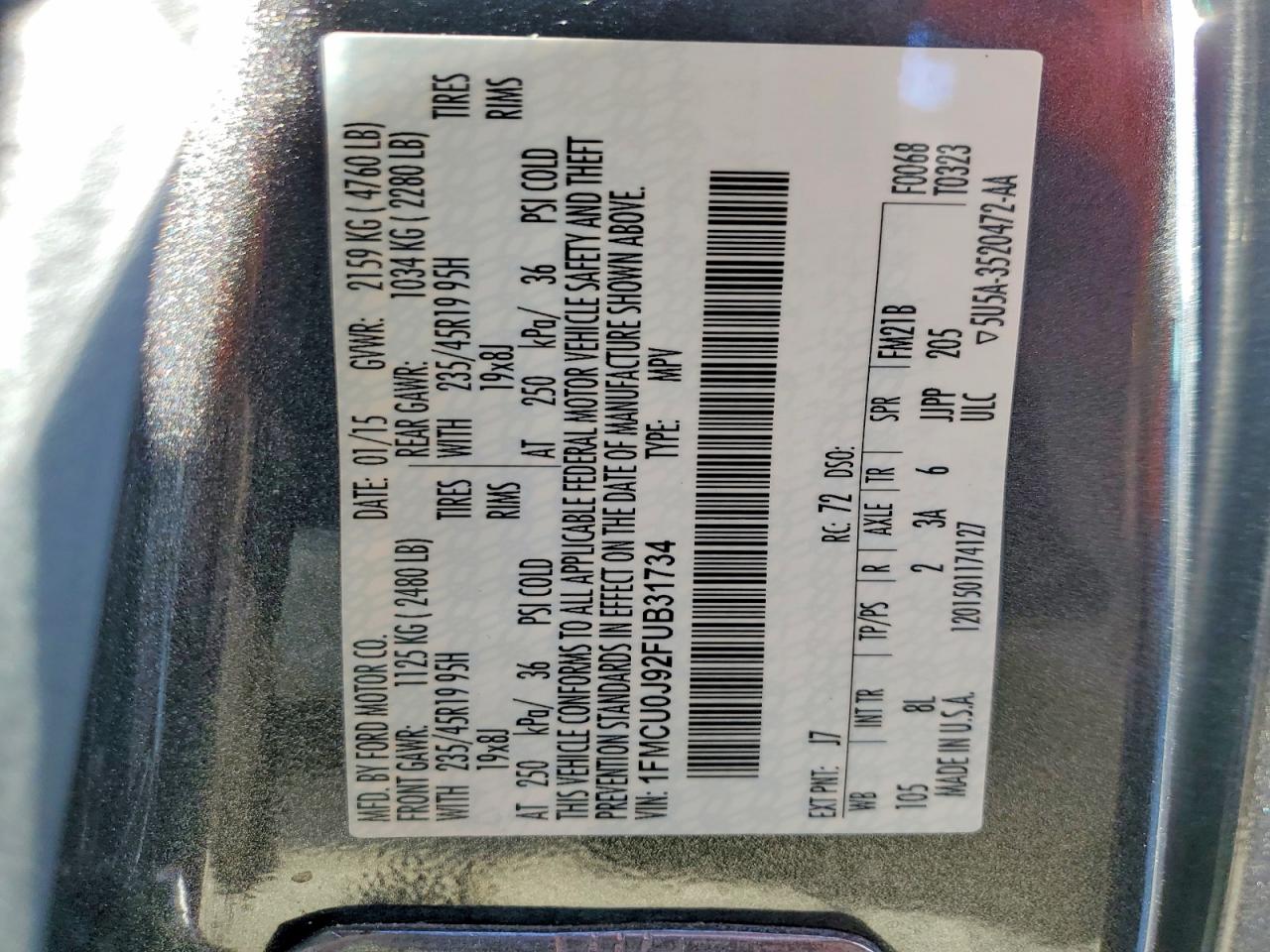 2015 Ford Escape Titanium Gray vin: 1FMCU0J92FUB31734