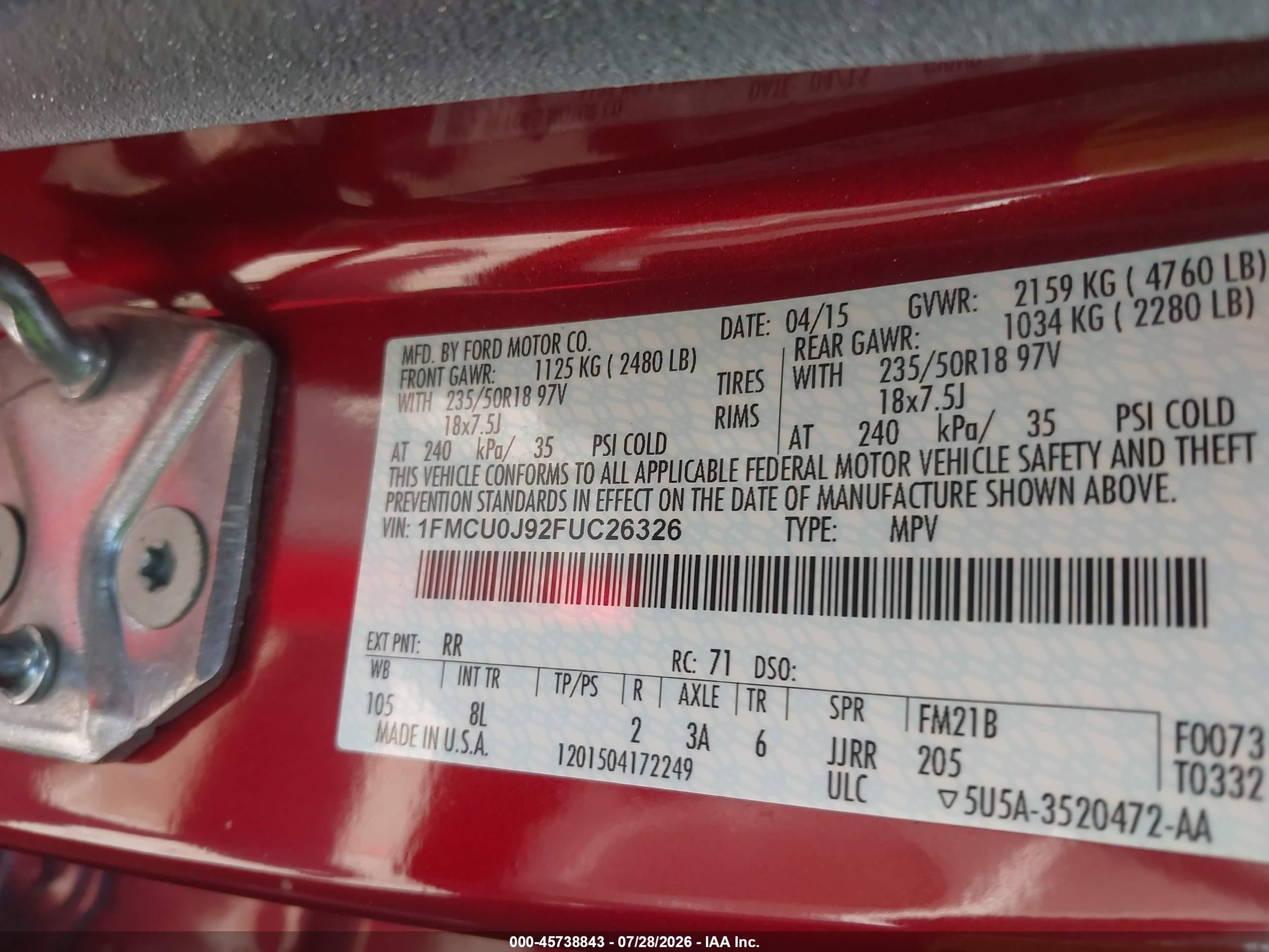2015 Ford Escape Titanium Red vin: 1FMCU0J92FUC26326