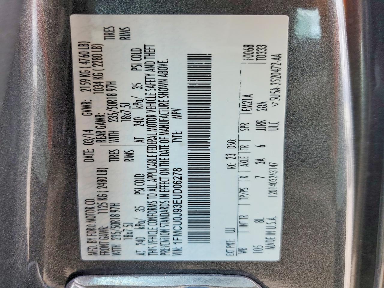 2014 Ford Escape Titanium Gray vin: 1FMCU0J93EUD06278