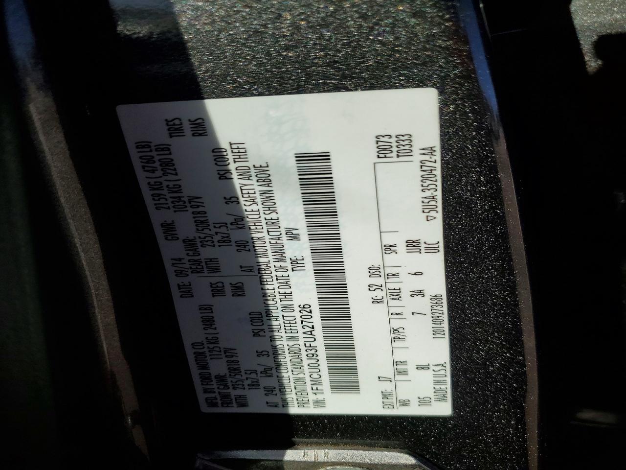2015 Ford Escape Titanium Charcoal vin: 1FMCU0J93FUA27026