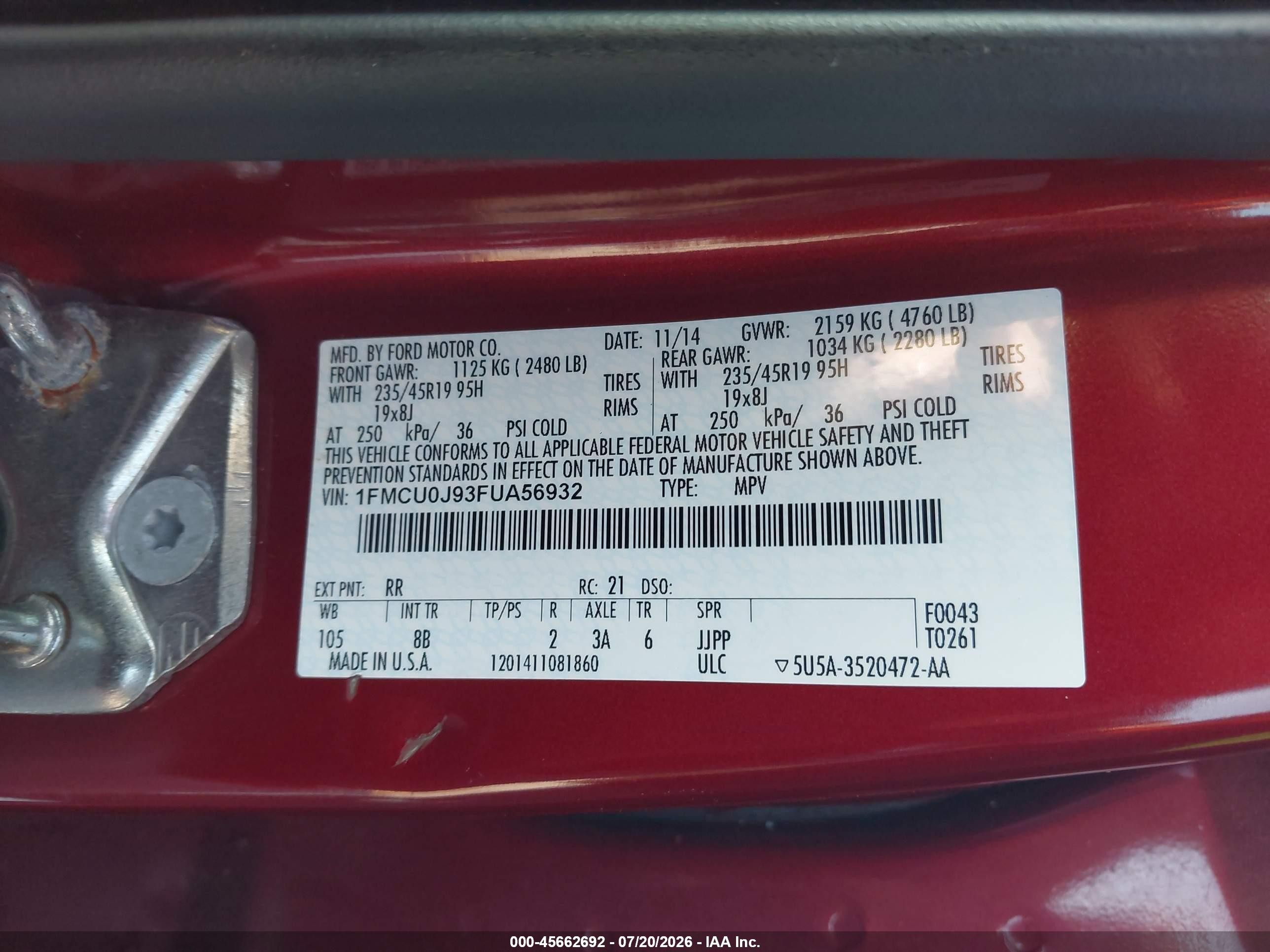 2015 Ford Escape Titanium Red vin: 1FMCU0J93FUA56932