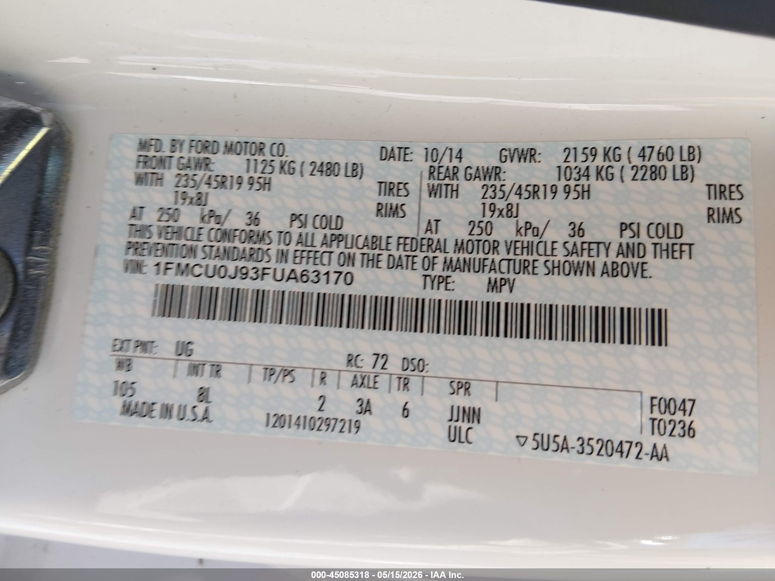 2015 Ford Escape Titanium Белый vin: 1FMCU0J93FUA63170