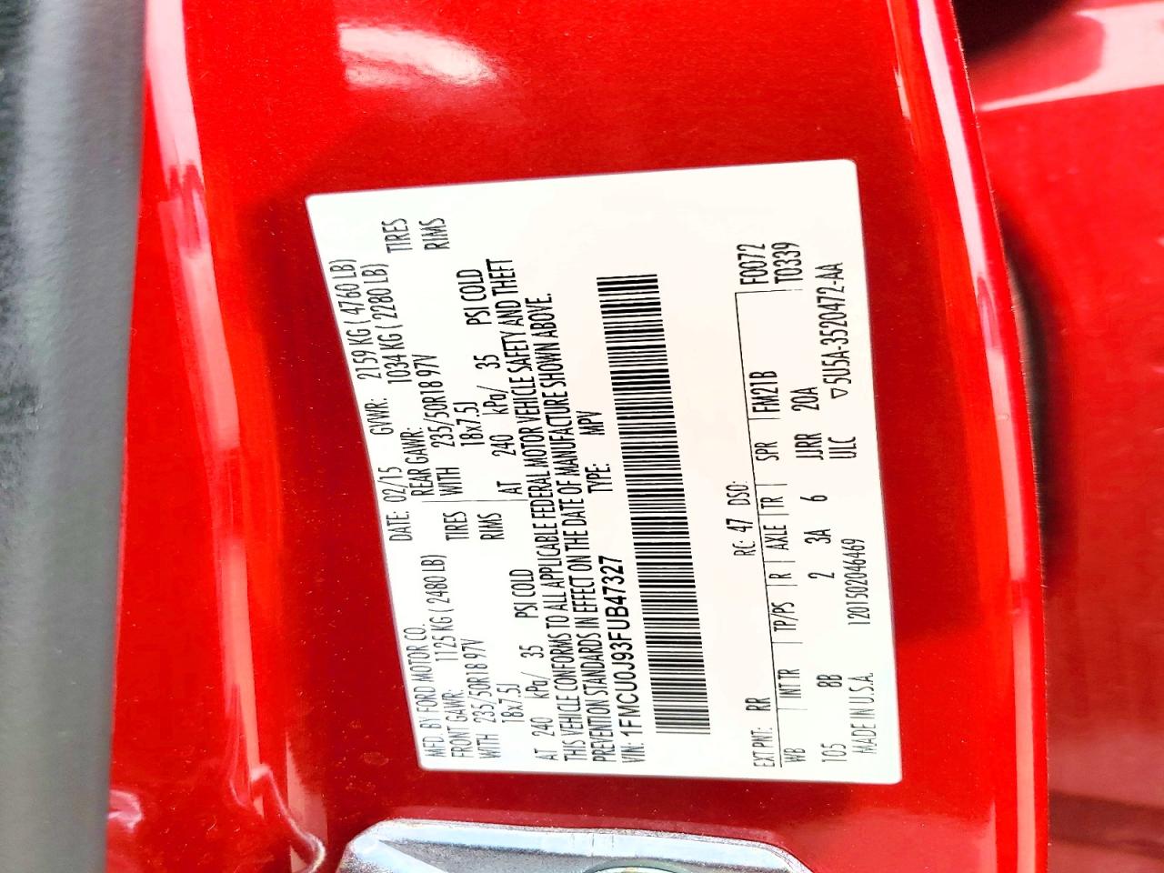 2015 Ford Escape Titanium Red vin: 1FMCU0J93FUB47327