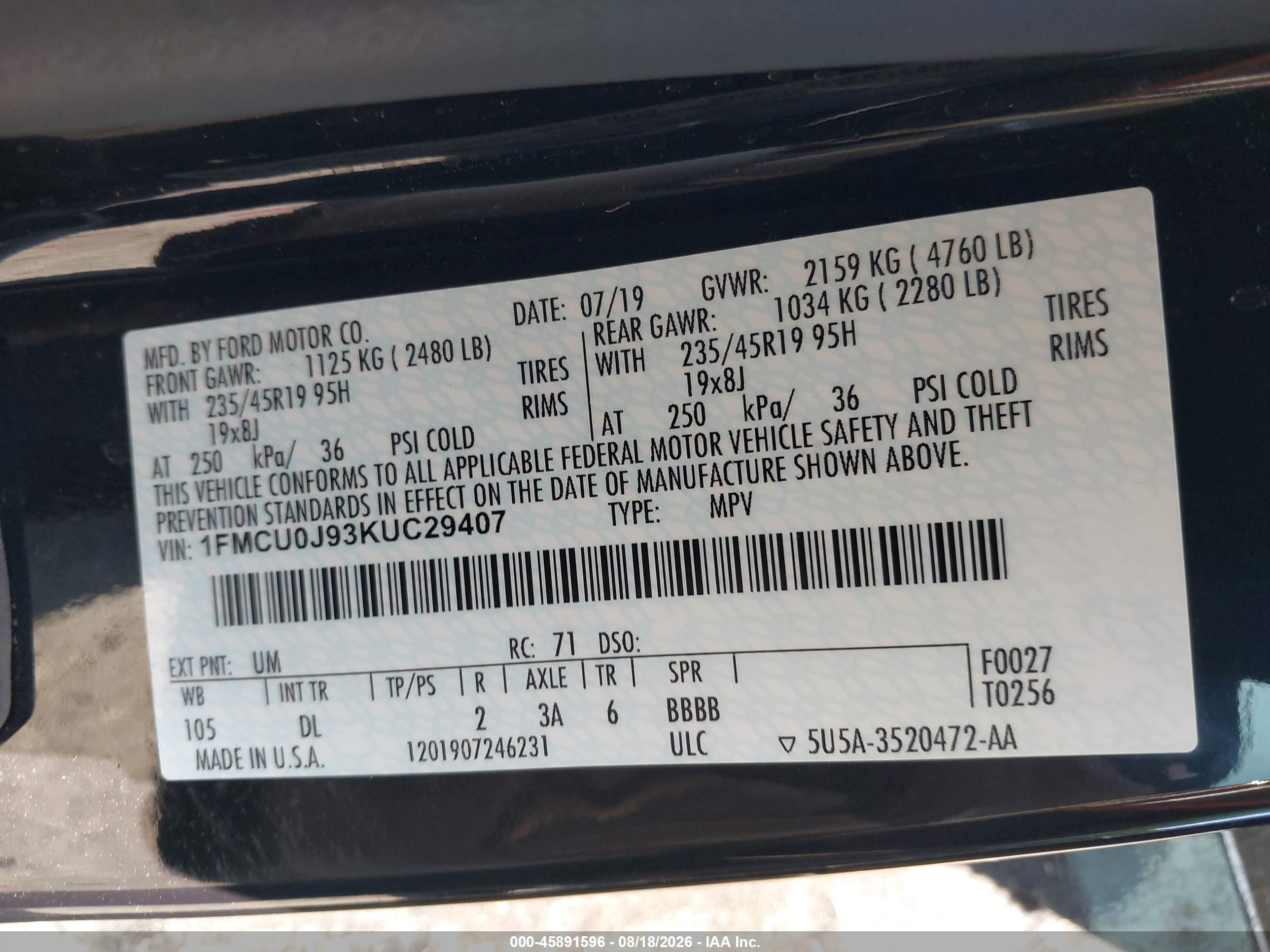 2019 Ford Escape Titanium Black vin: 1FMCU0J93KUC29407