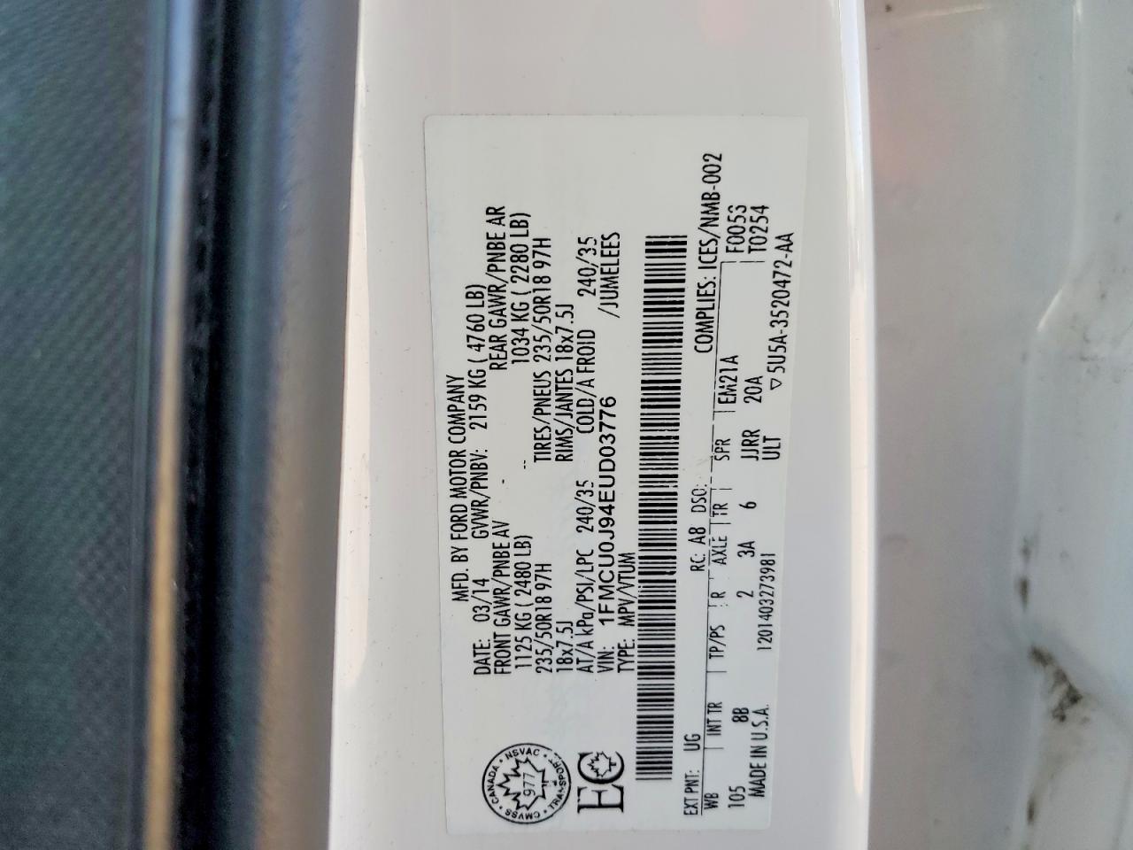 2014 Ford Escape Titanium White vin: 1FMCU0J94EUD03776