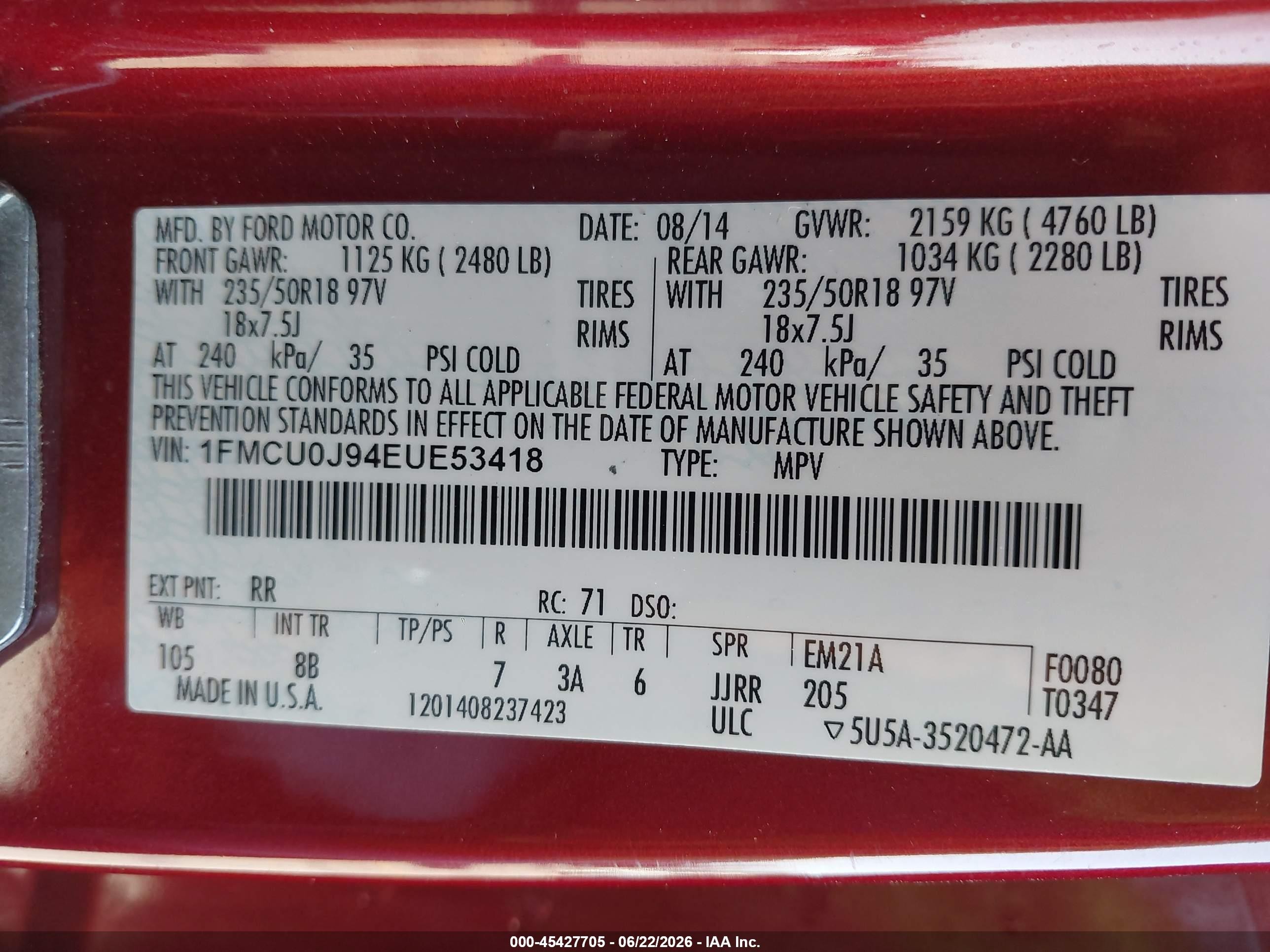 2014 Ford Escape Titanium Red vin: 1FMCU0J94EUE53418