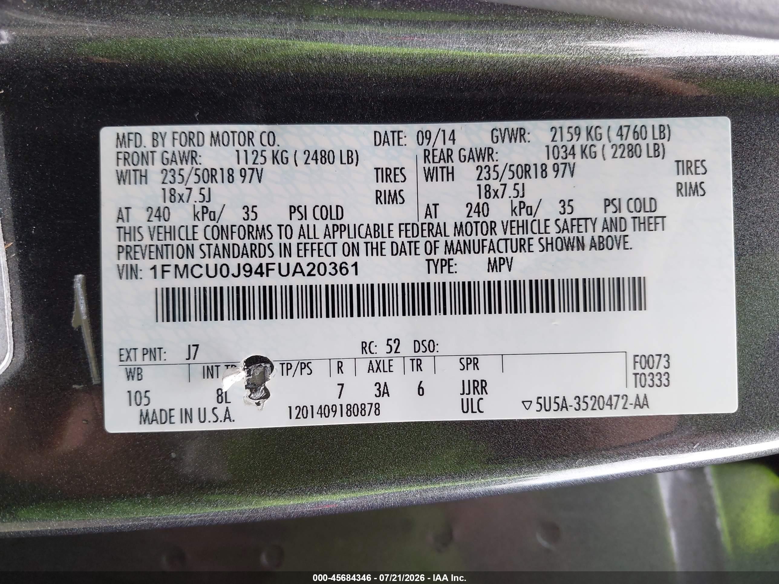 2015 Ford Escape Titanium Серый vin: 1FMCU0J94FUA20361