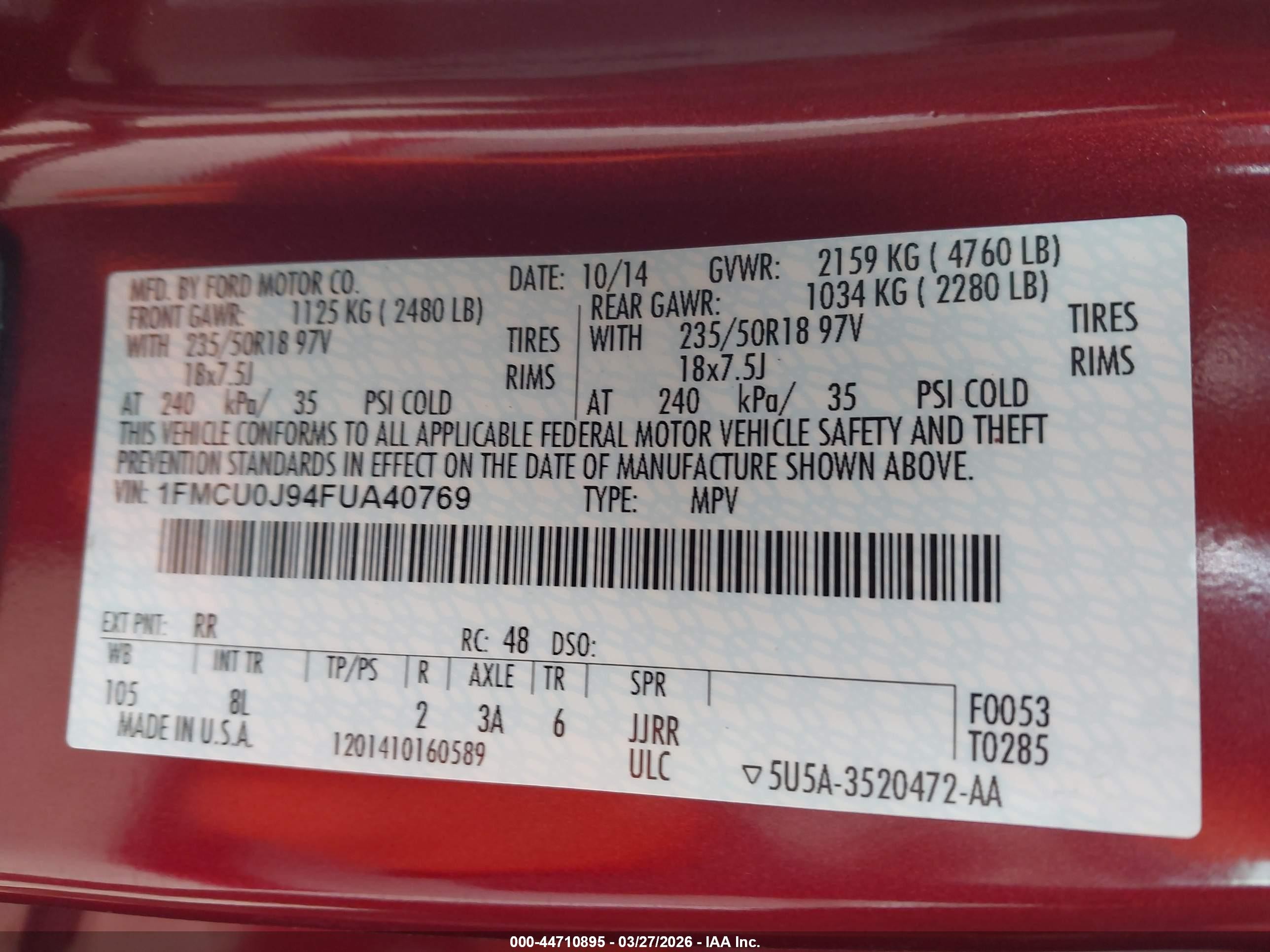 2015 Ford Escape Titanium Maroon vin: 1FMCU0J94FUA40769