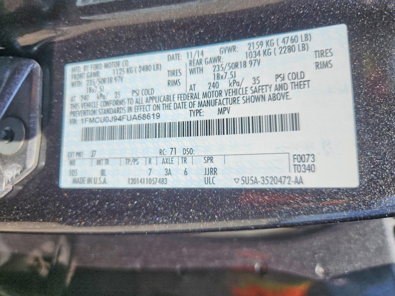 2015 Ford Escape Titanium Gray vin: 1FMCU0J94FUA68619