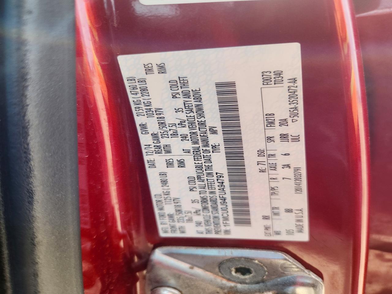 2015 Ford Escape Titanium Red vin: 1FMCU0J94FUA94797