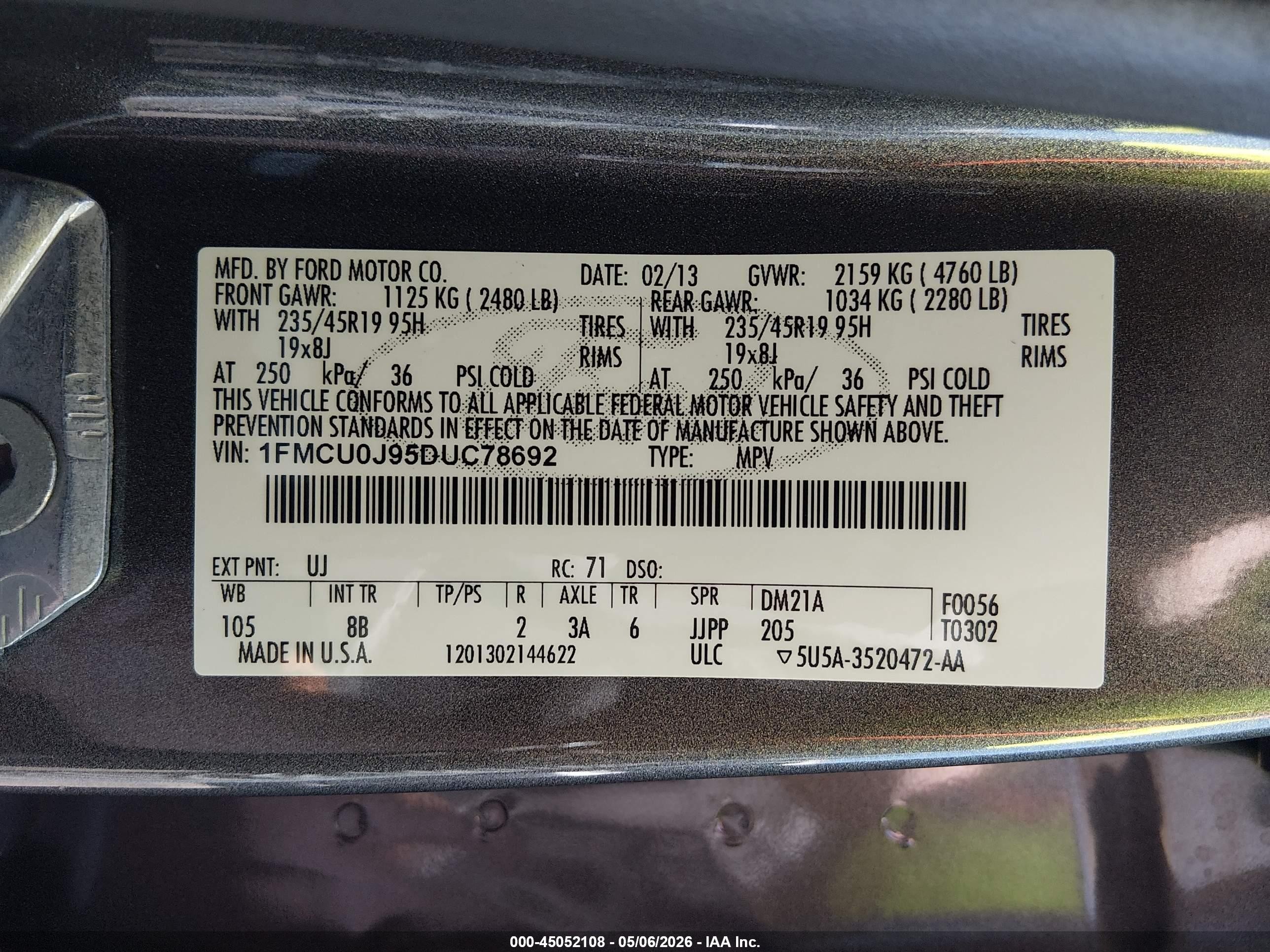 2013 Ford Escape Titanium Gray vin: 1FMCU0J95DUC78692