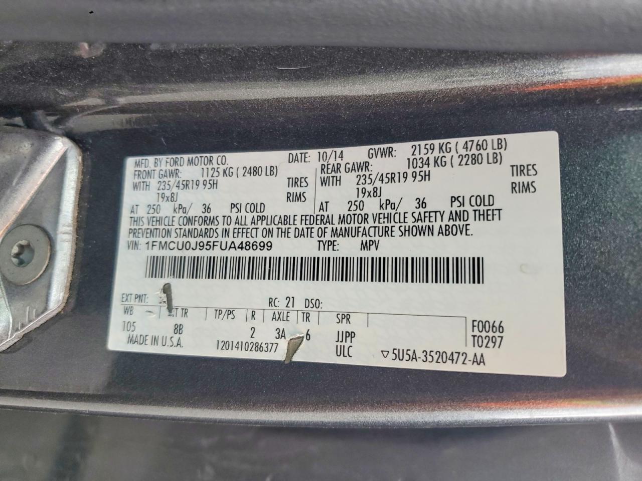 2015 Ford Escape Titanium Gray vin: 1FMCU0J95FUA48699