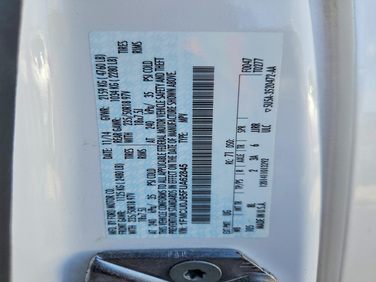 2015 Ford Escape Titanium White vin: 1FMCU0J95FUA62845