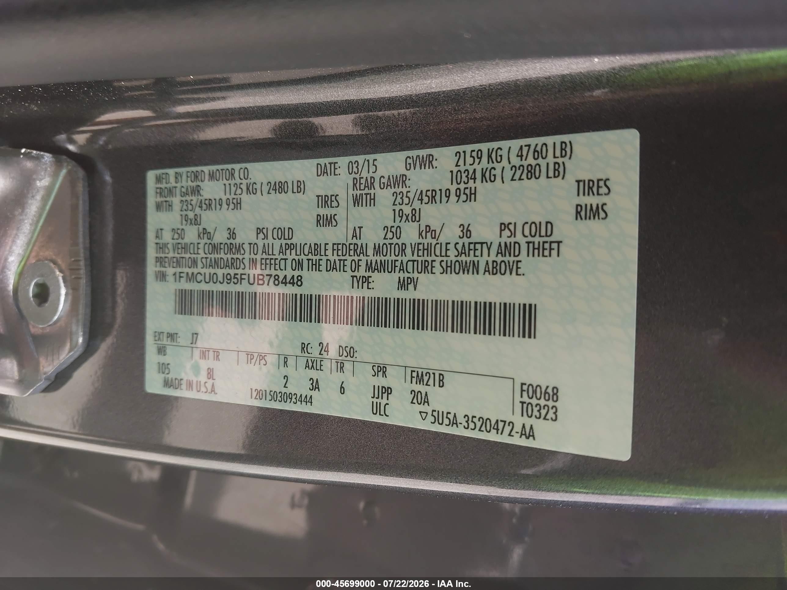 2015 Ford Escape Titanium Gray vin: 1FMCU0J95FUB78448