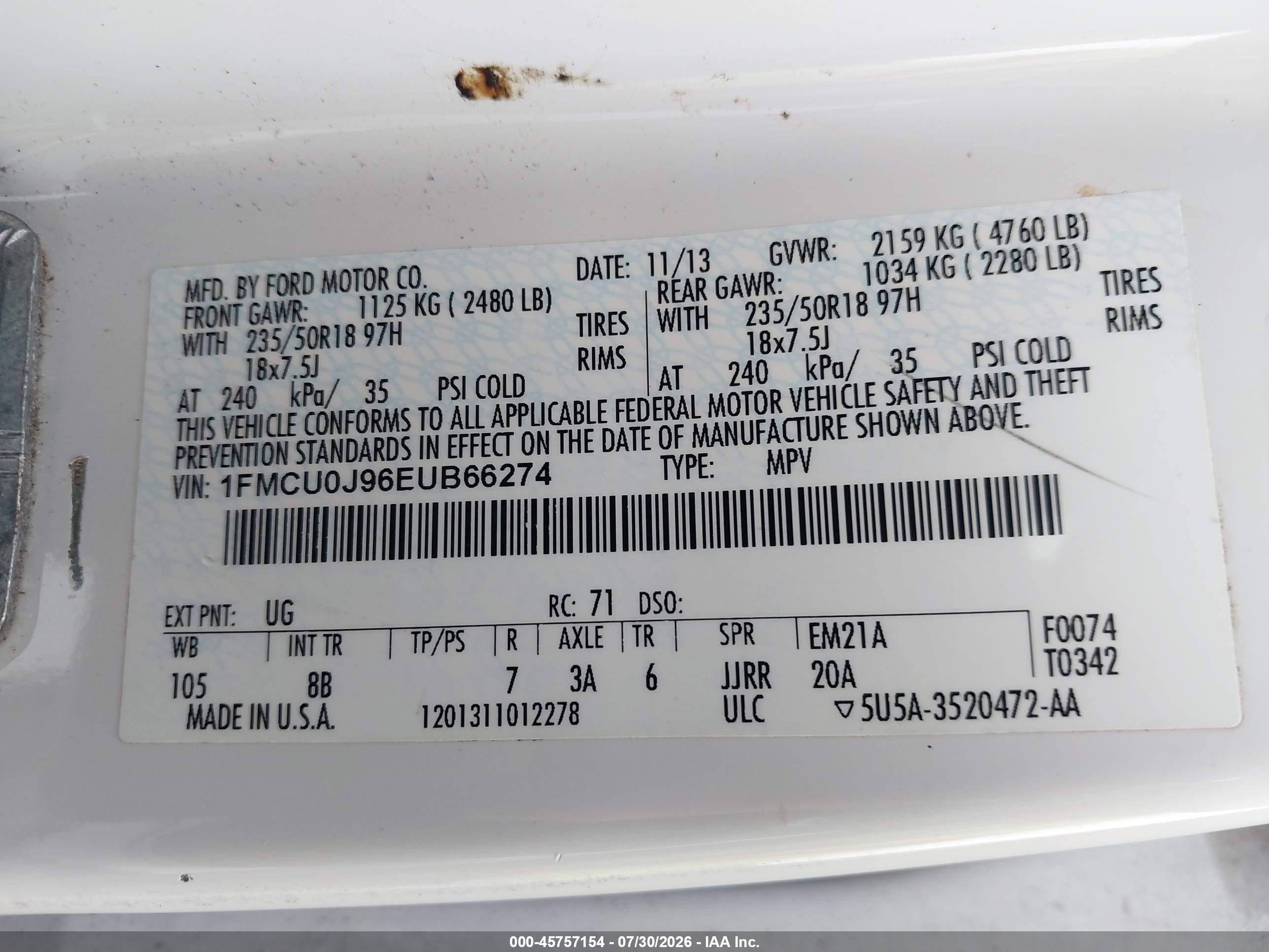 2014 Ford Escape Titanium White vin: 1FMCU0J96EUB66274