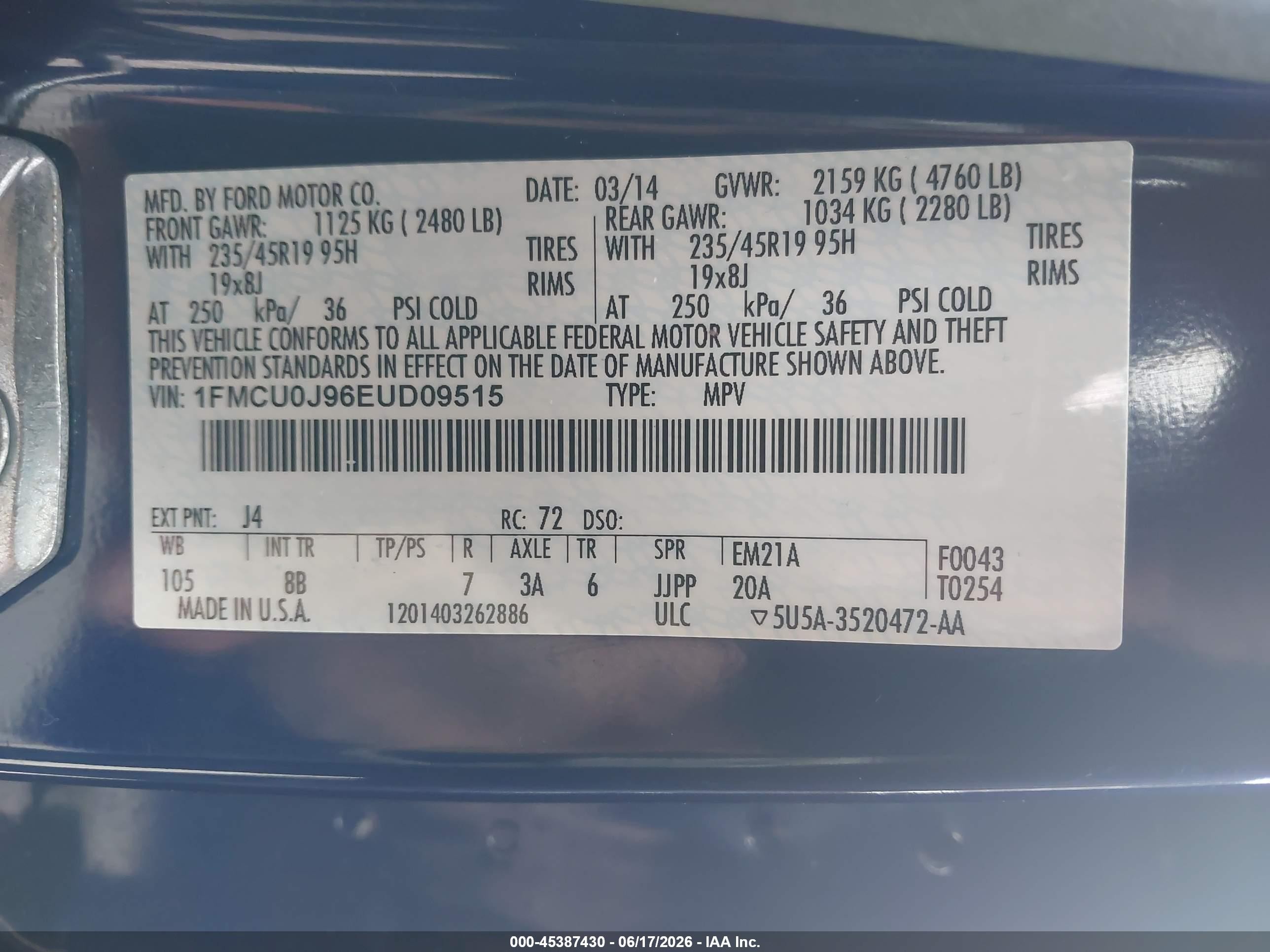 2014 Ford Escape Titanium Синий vin: 1FMCU0J96EUD09515