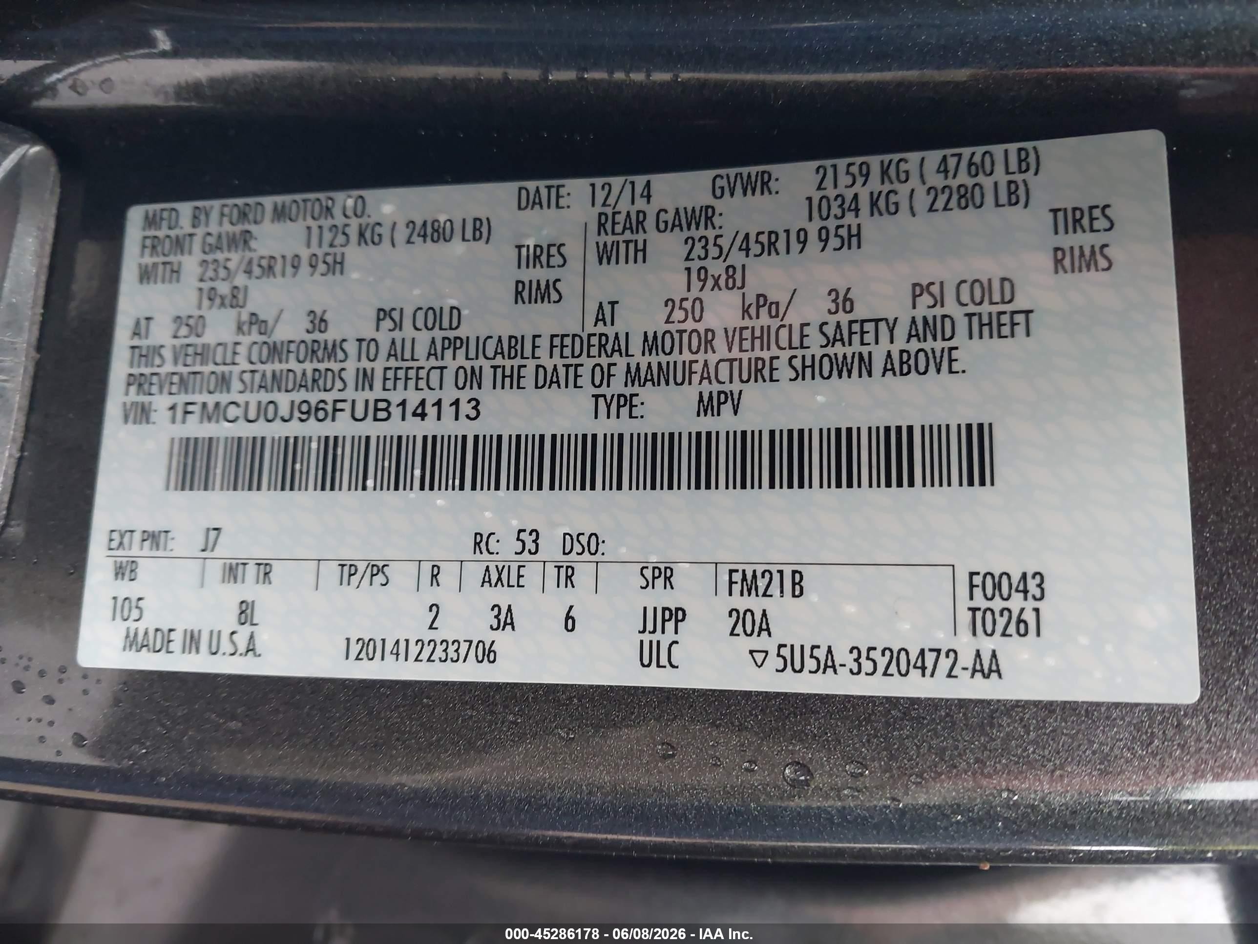 2015 Ford Escape Titanium Gray vin: 1FMCU0J96FUB14113