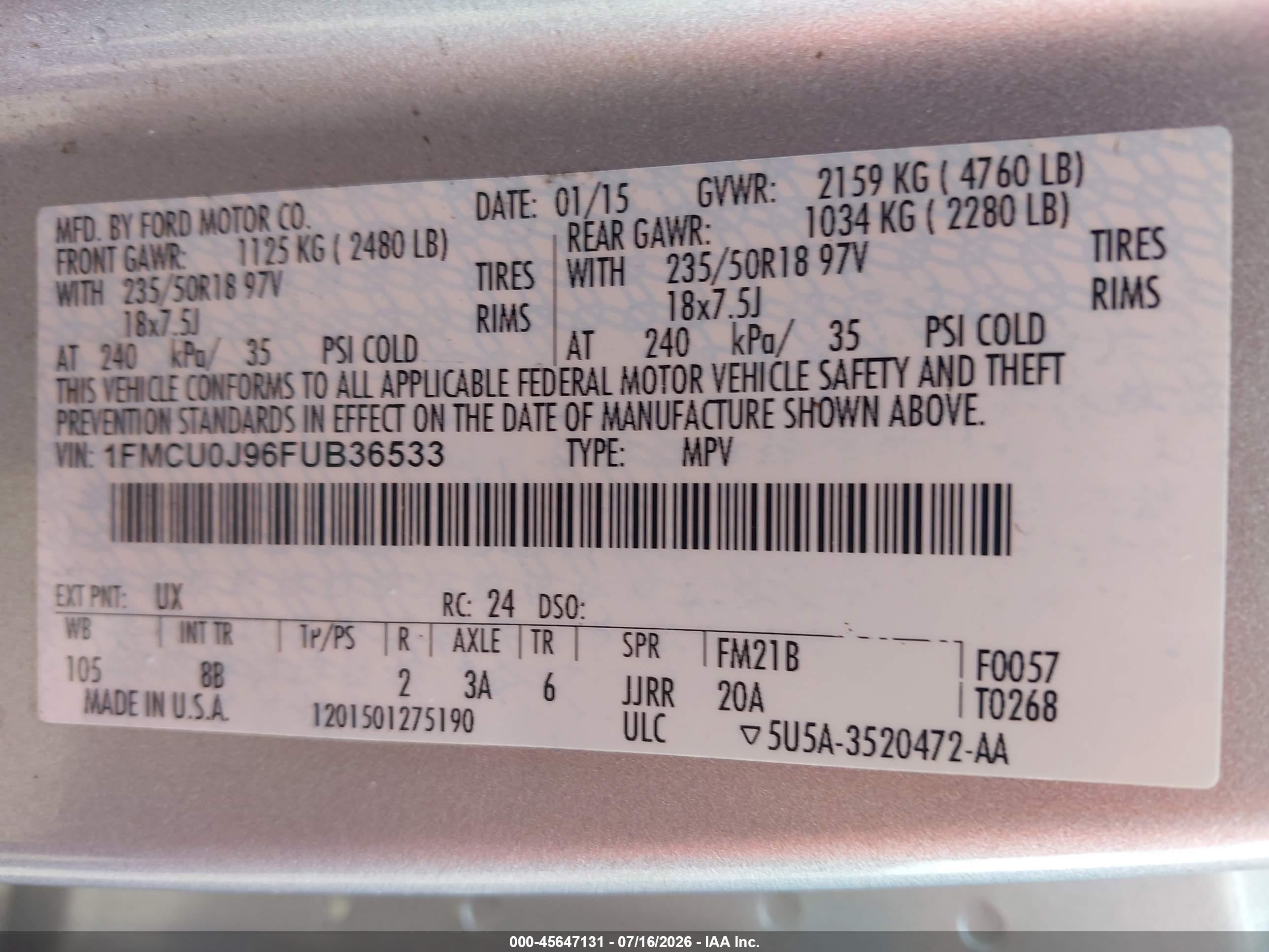 2015 Ford Escape Titanium Silver vin: 1FMCU0J96FUB36533