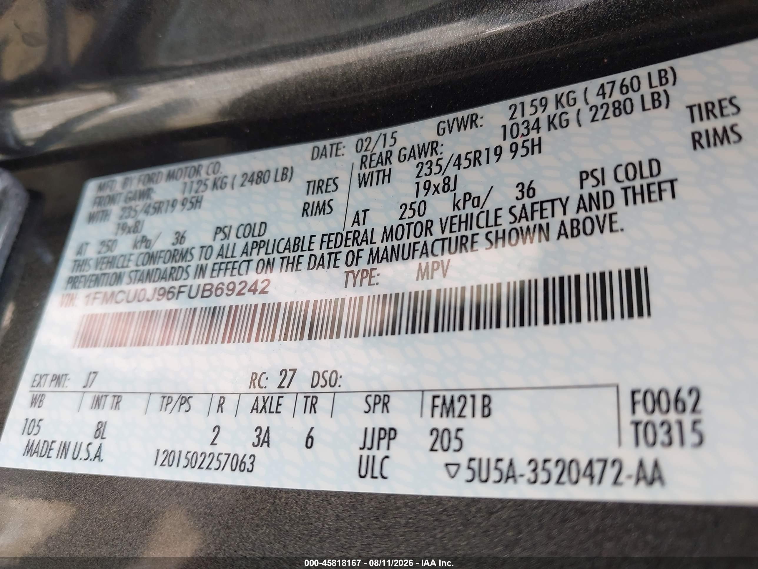 2015 Ford Escape Titanium Серый vin: 1FMCU0J96FUB69242