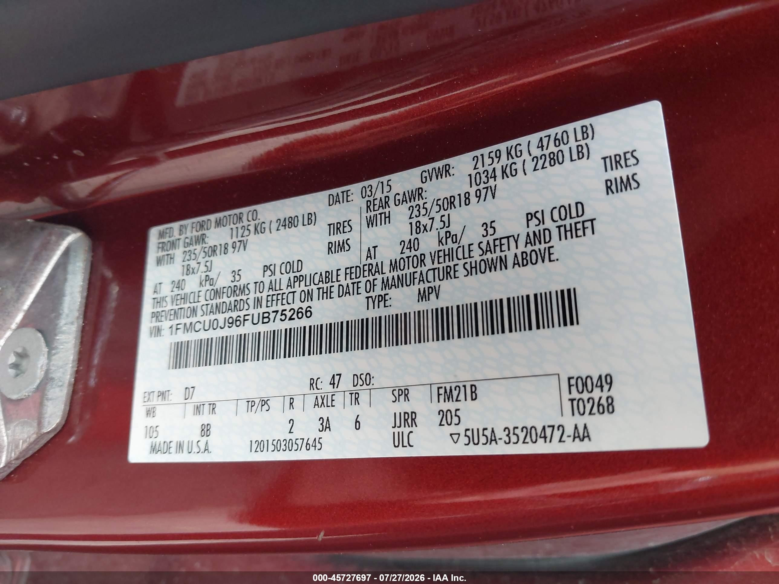 2015 Ford Escape Titanium Orange vin: 1FMCU0J96FUB75266