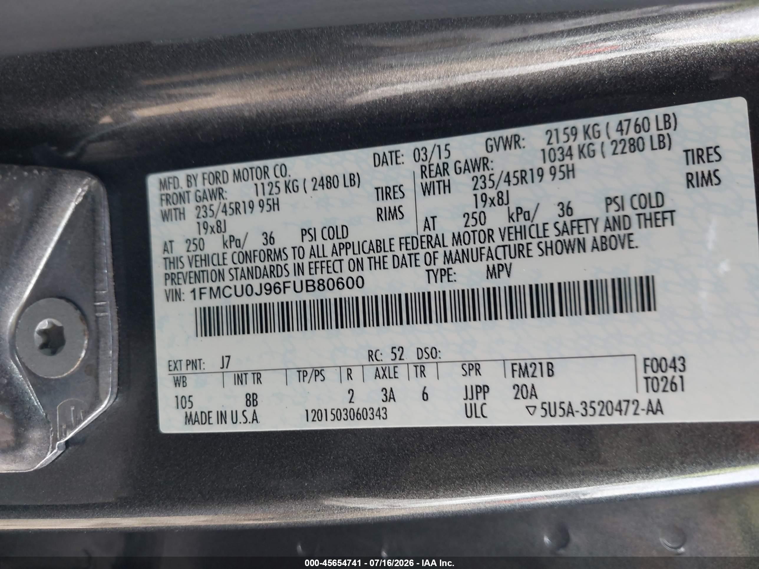 2015 Ford Escape Titanium Gray vin: 1FMCU0J96FUB80600