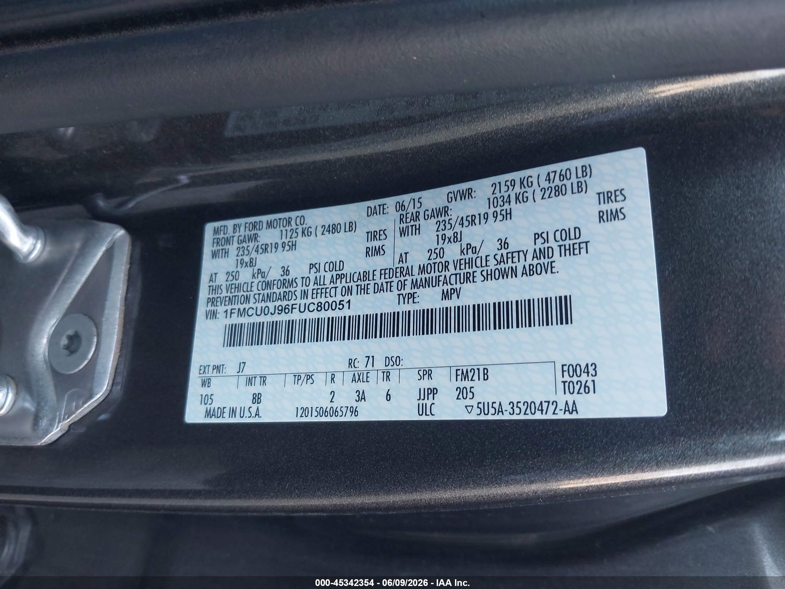 2015 Ford Escape Titanium Gray vin: 1FMCU0J96FUC80051
