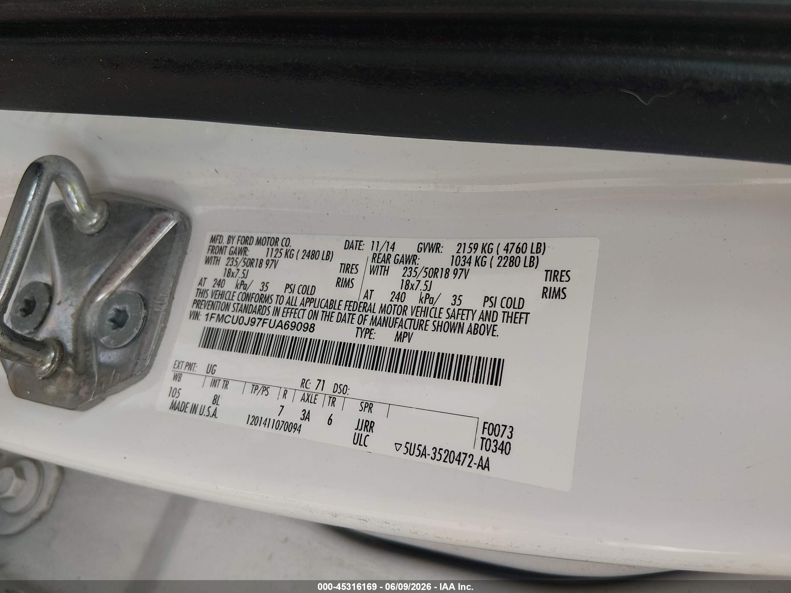 2015 Ford Escape Titanium White vin: 1FMCU0J97FUA69098