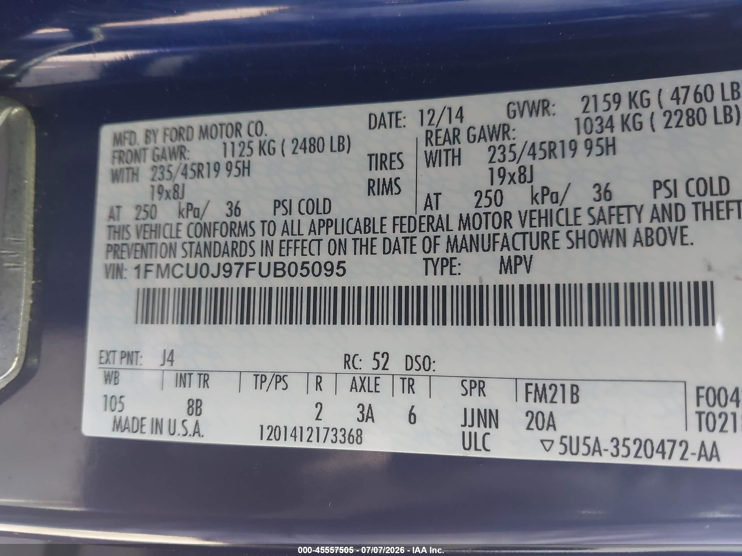 2015 Ford Escape Titanium Blue vin: 1FMCU0J97FUB05095