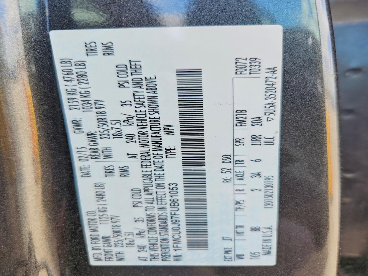 2015 Ford Escape Titanium Серый vin: 1FMCU0J97FUB61053