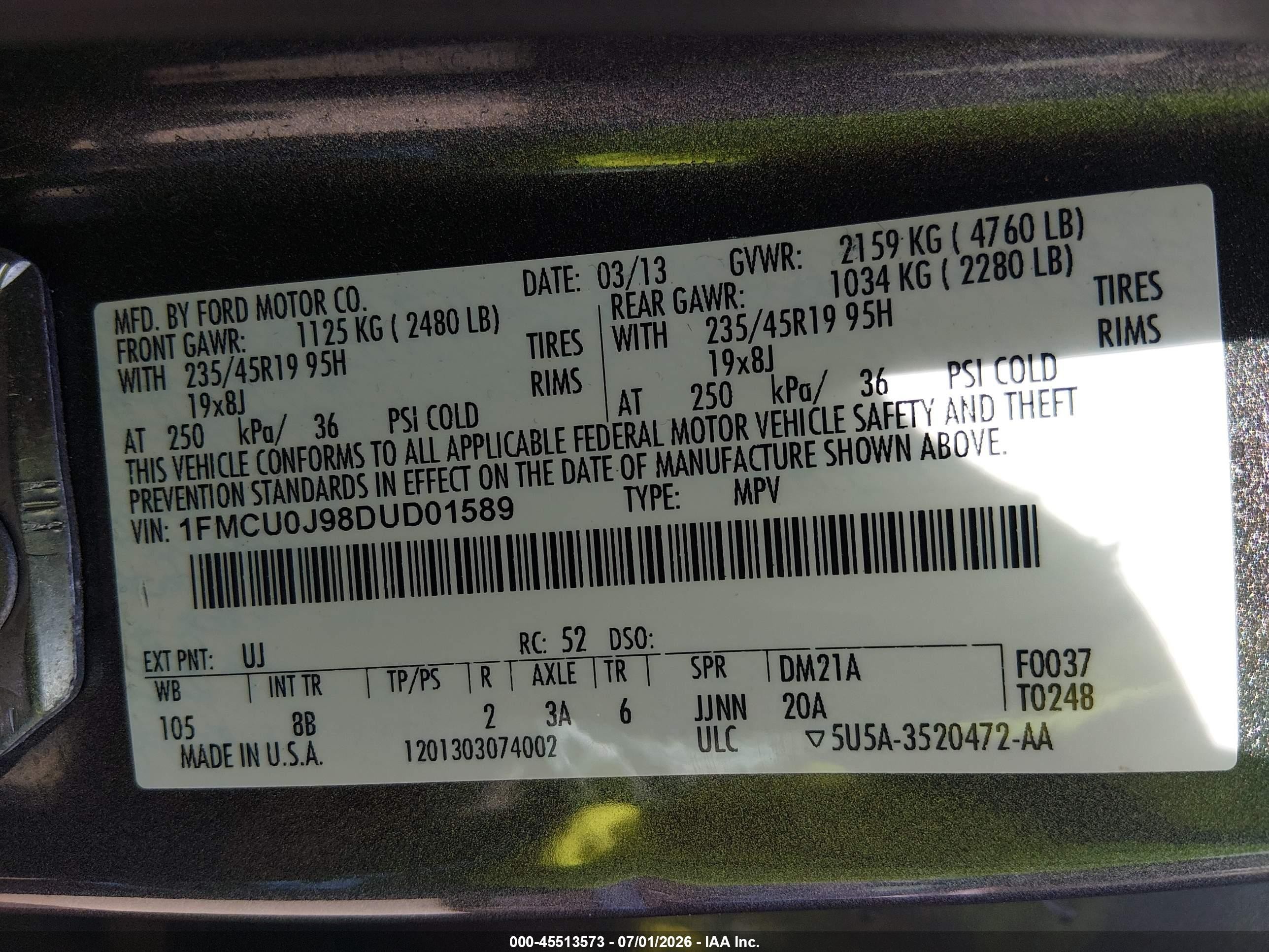 2013 Ford Escape Titanium Gray vin: 1FMCU0J98DUD01589
