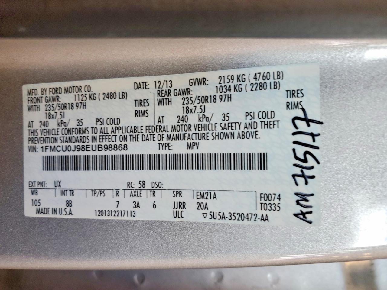 2014 Ford Escape Titanium Silver vin: 1FMCU0J98EUB98868