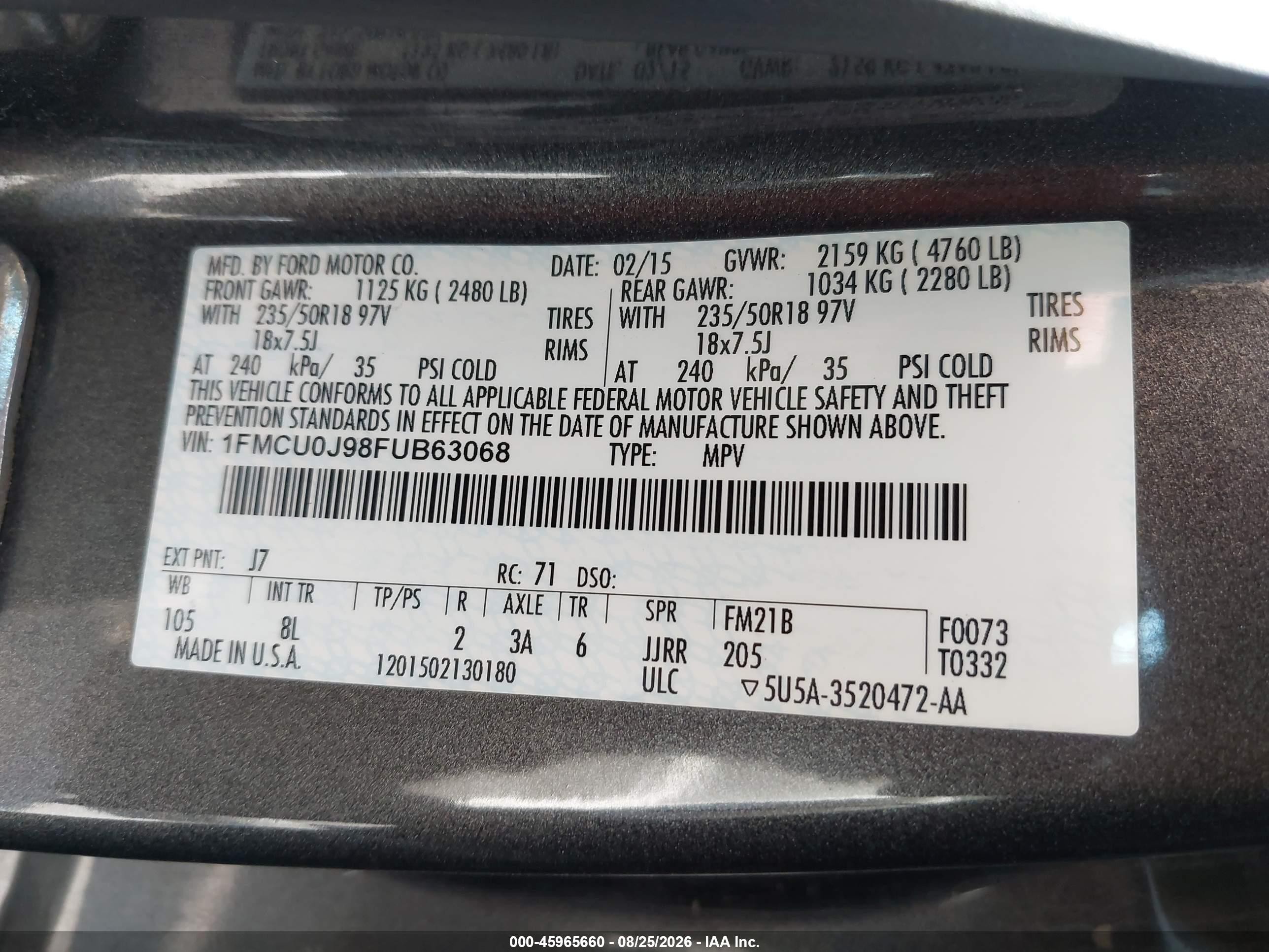 2015 Ford Escape Titanium Серебряный vin: 1FMCU0J98FUB63068