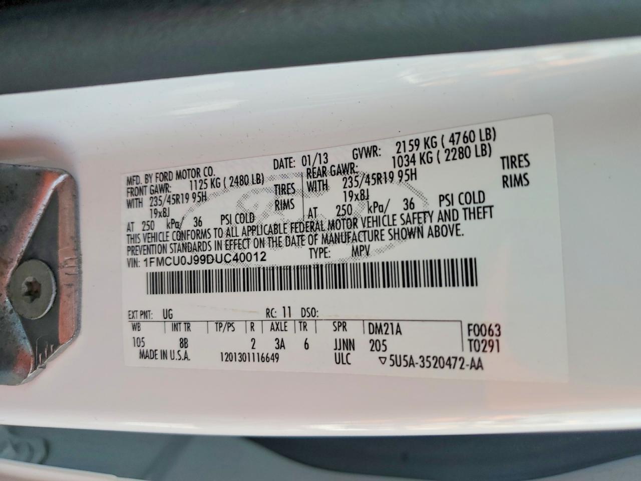 2013 Ford Escape Titanium White vin: 1FMCU0J99DUC40012