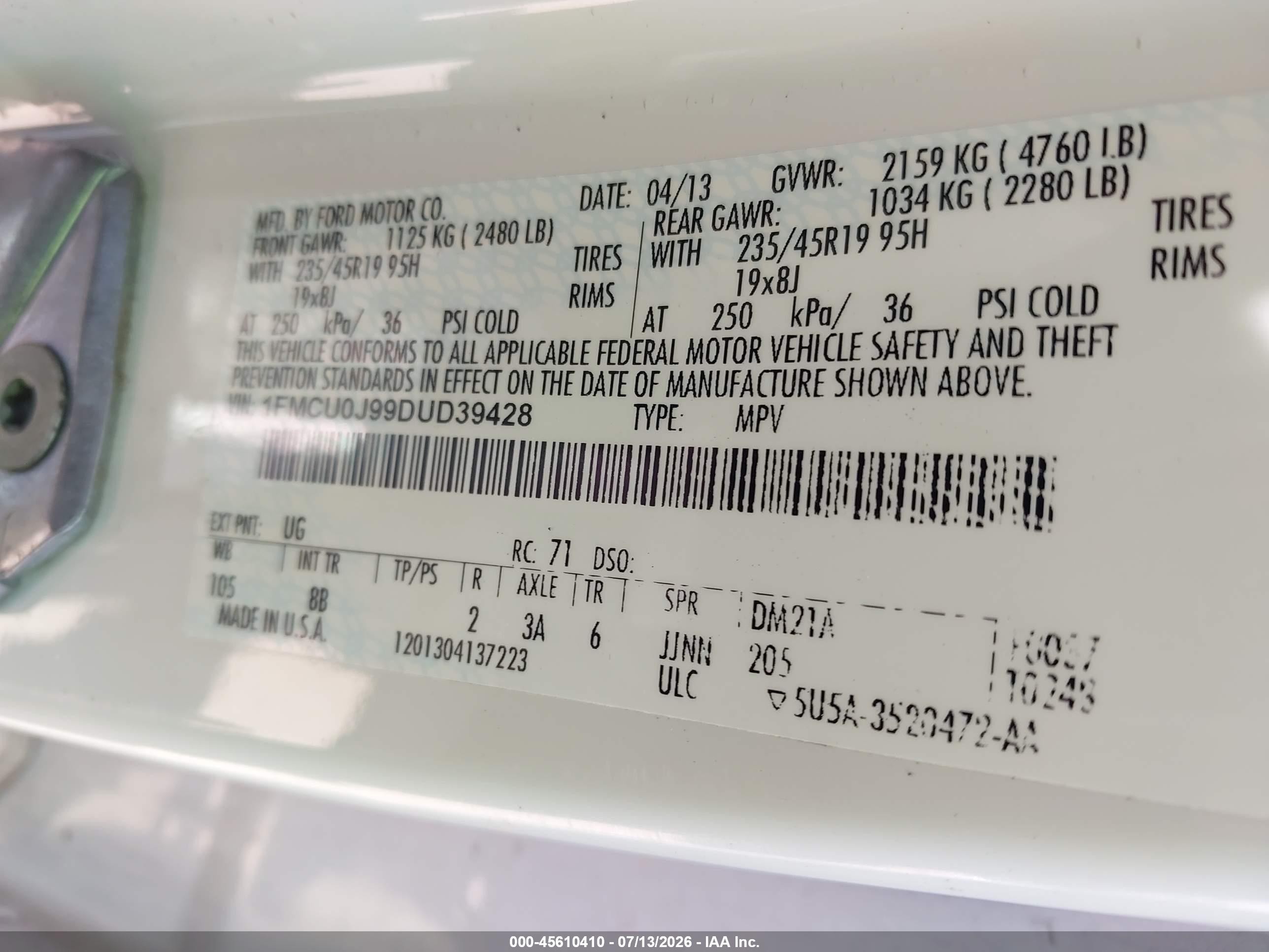 2013 Ford Escape Titanium White vin: 1FMCU0J99DUD39428
