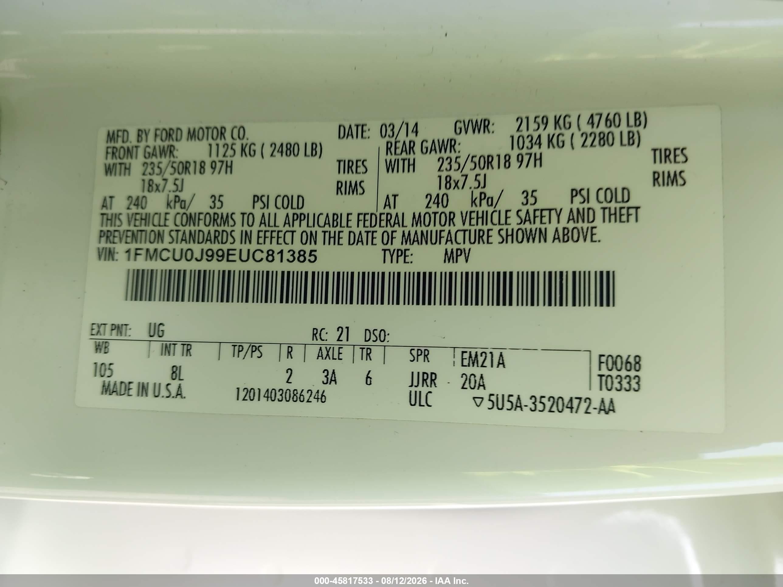 2014 Ford Escape Titanium White vin: 1FMCU0J99EUC81385